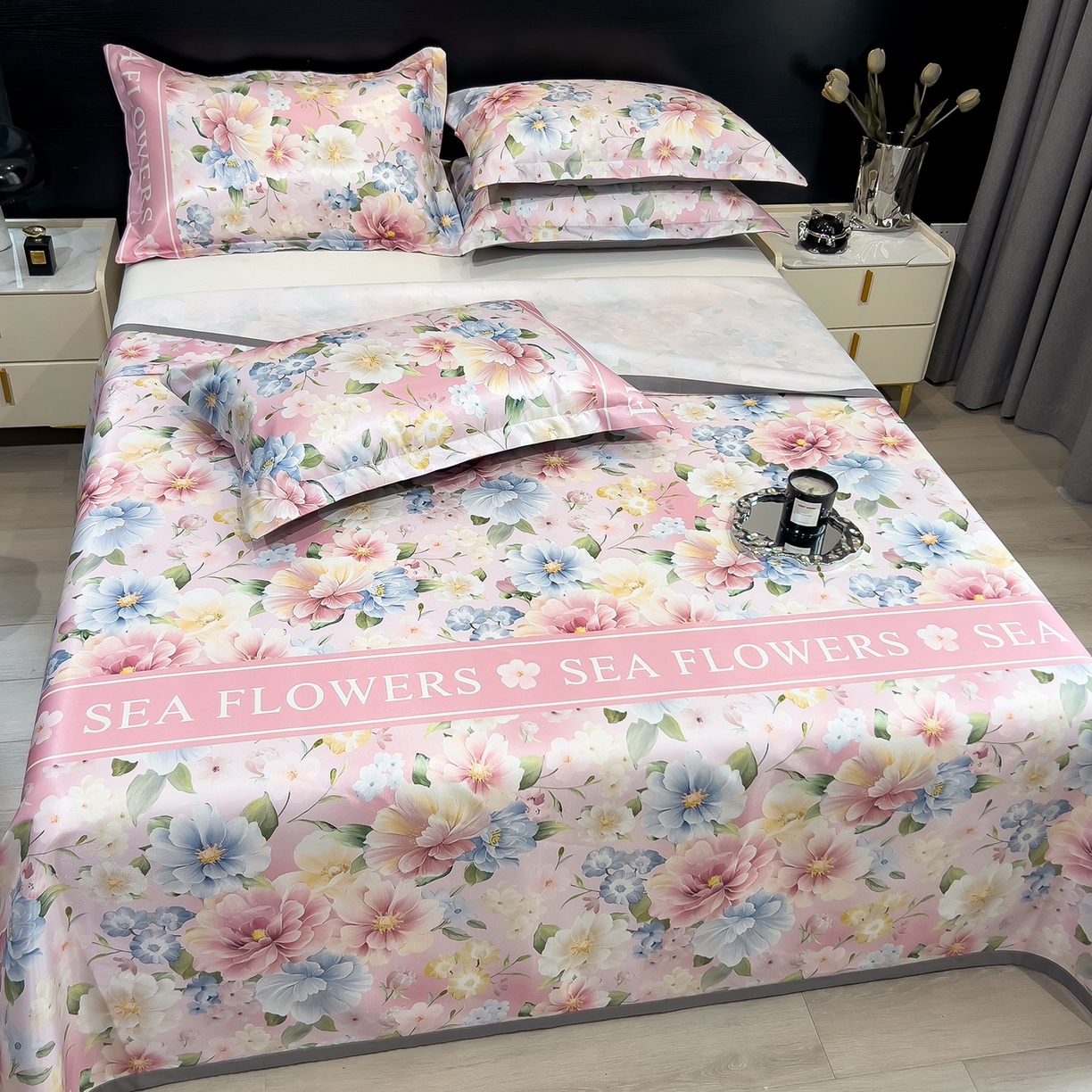 91家纺网 家纺一手货源 找家纺 梵克保罗 2026春夏新款凉感冰丝凉席床单款凉席三件套 玫瑰佳人