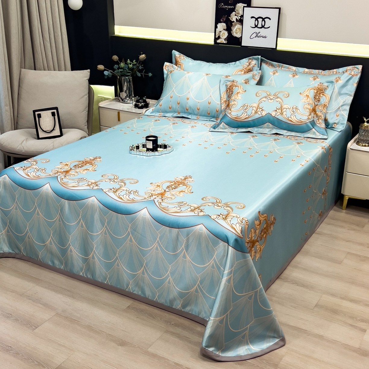 91家纺网 家纺一手货源 找家纺 梵克保罗 2026春夏新款凉感冰丝凉席床单款凉席三件套 牧夏