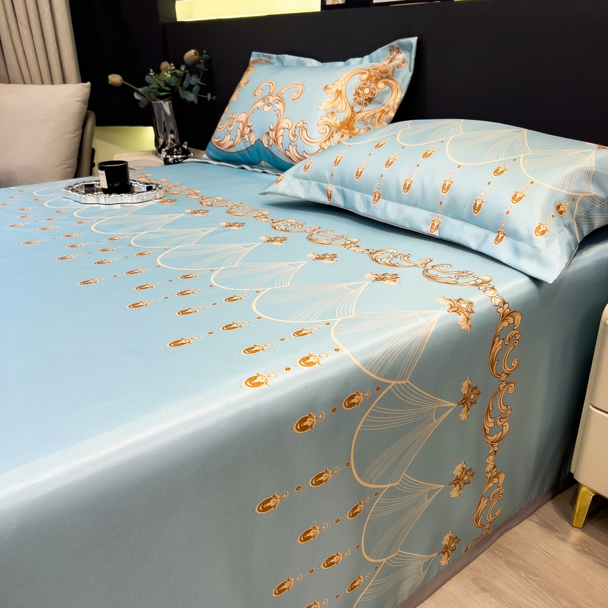 91家纺网 家纺一手货源 找家纺 梵克保罗 2026春夏新款凉感冰丝凉席床单款凉席三件套 牧夏