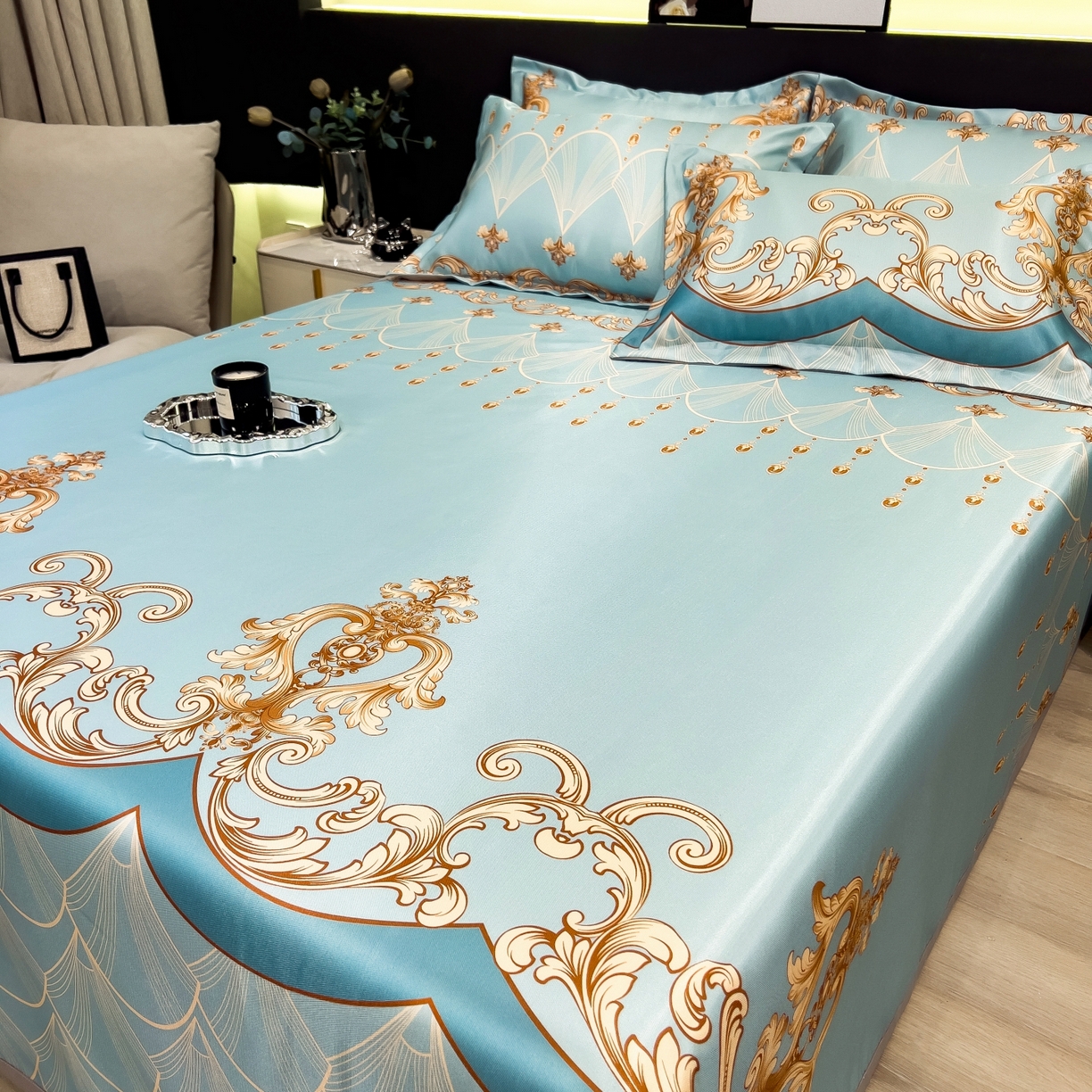 91家纺网 家纺一手货源 找家纺 梵克保罗 2026春夏新款凉感冰丝凉席床单款凉席三件套 牧夏