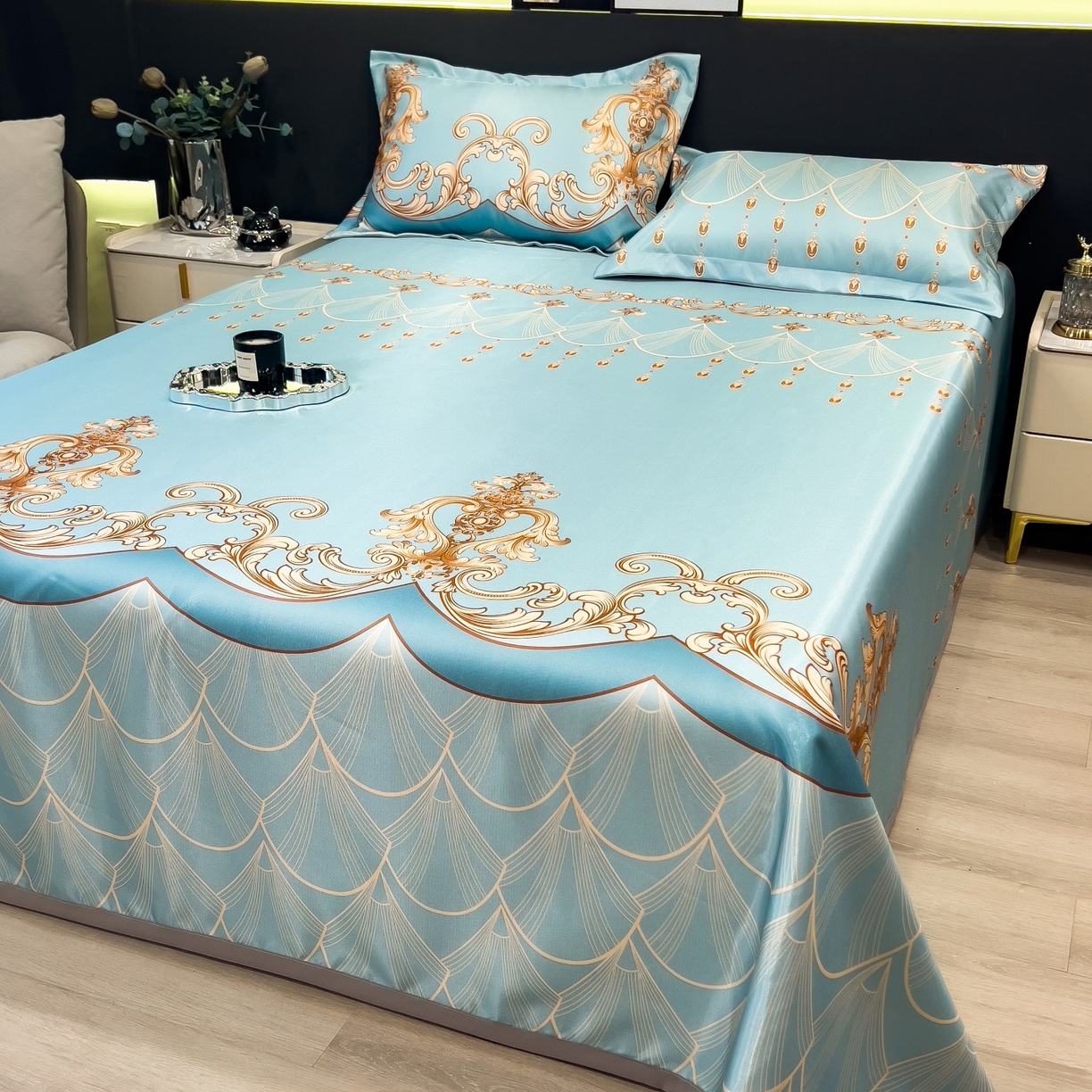 91家纺网 家纺一手货源 找家纺 梵克保罗 2026春夏新款凉感冰丝凉席床单款凉席三件套 牧夏