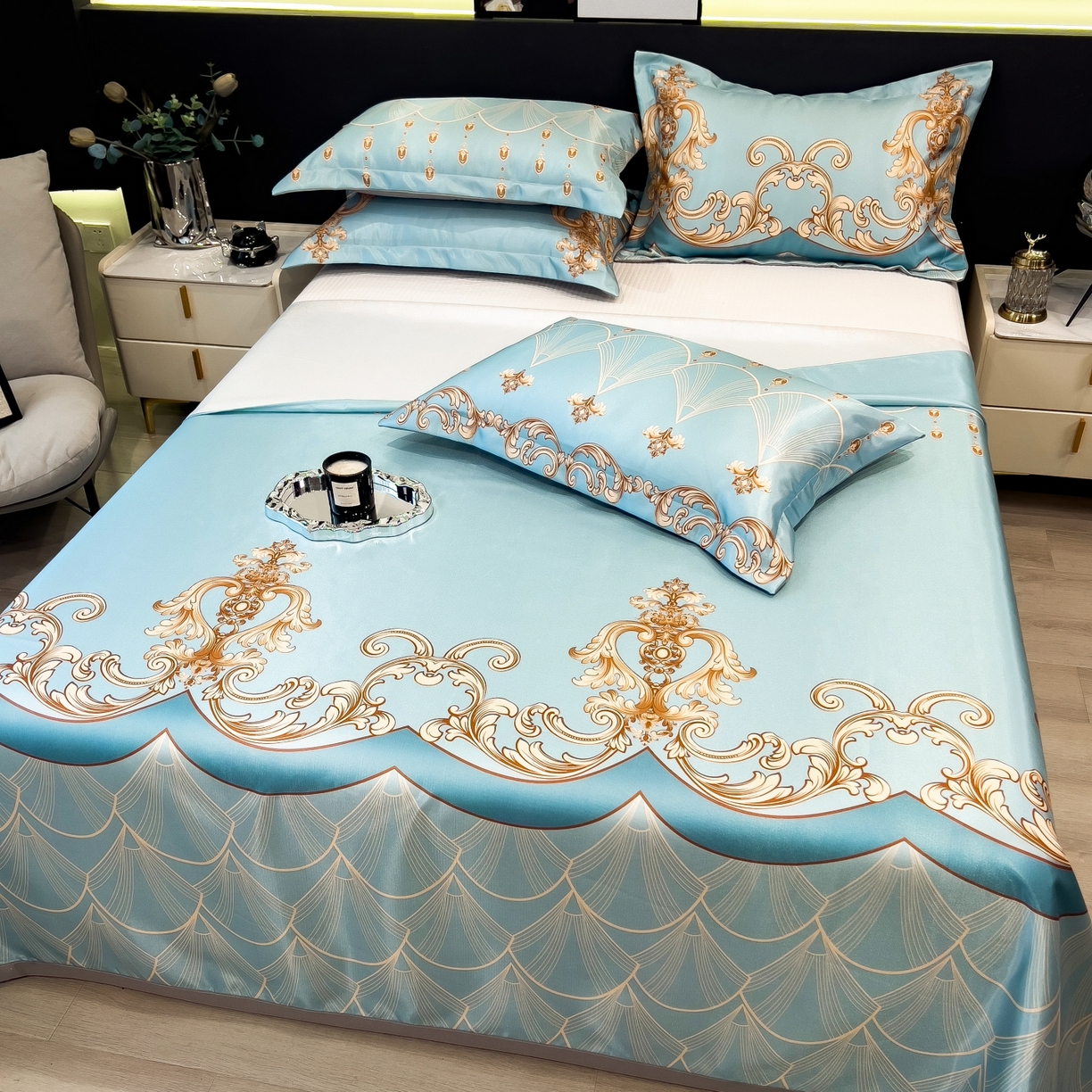 91家纺网 家纺一手货源 找家纺 梵克保罗 2026春夏新款凉感冰丝凉席床单款凉席三件套 牧夏