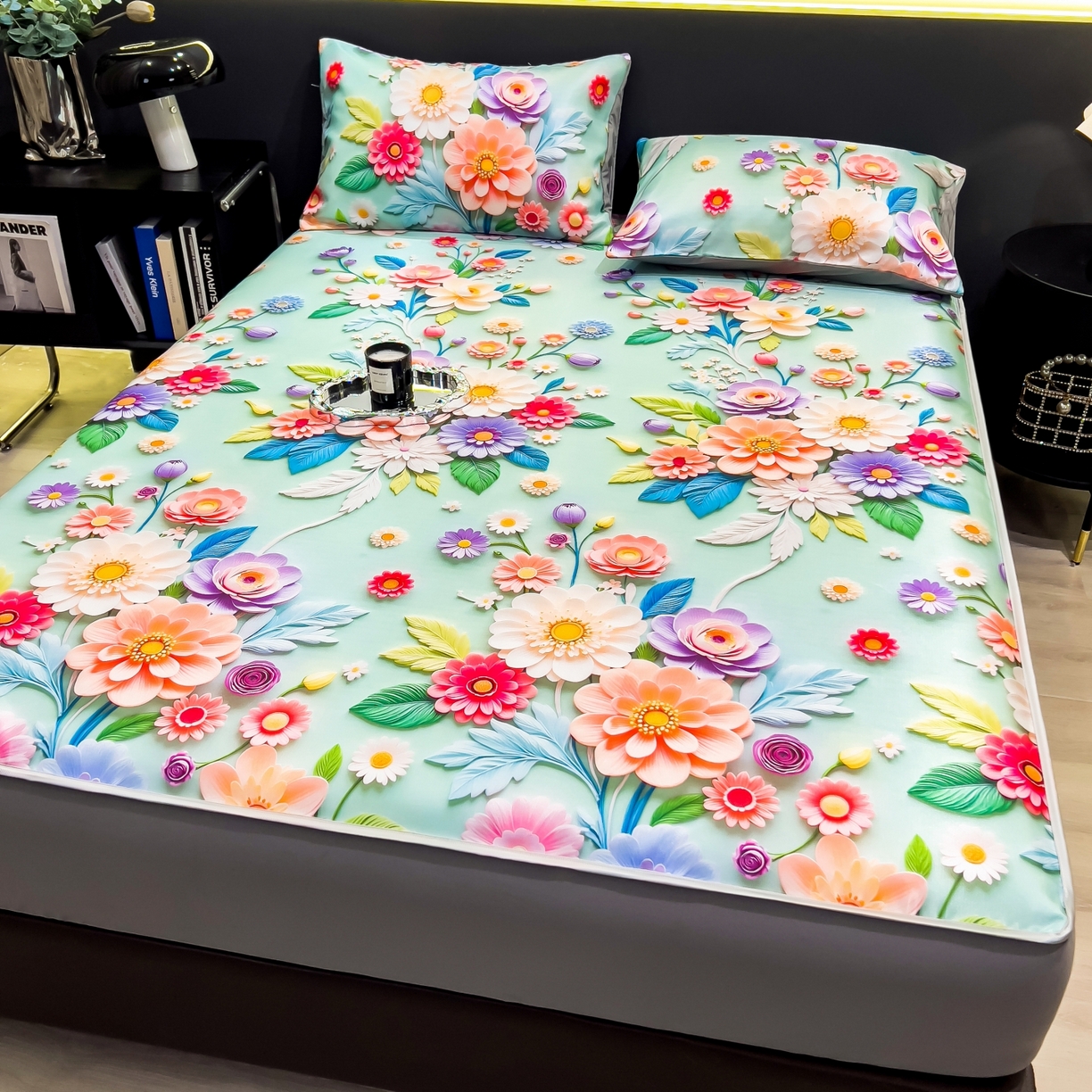 91家纺网 家纺一手货源 找家纺 梵克保罗 2026春夏新款数码印花大版高克重冰丝凉席床笠款三件套 春生物