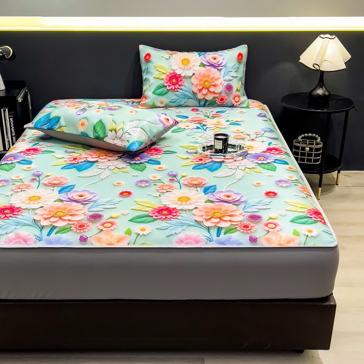 91家纺网 家纺一手货源 找家纺 梵克保罗 2026春夏新款数码印花大版高克重冰丝凉席床笠款三件套 春生物