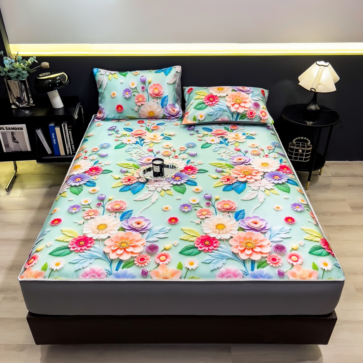 91家纺网 家纺一手货源 找家纺 梵克保罗 2026春夏新款数码印花大版高克重冰丝凉席床笠款三件套 春生物