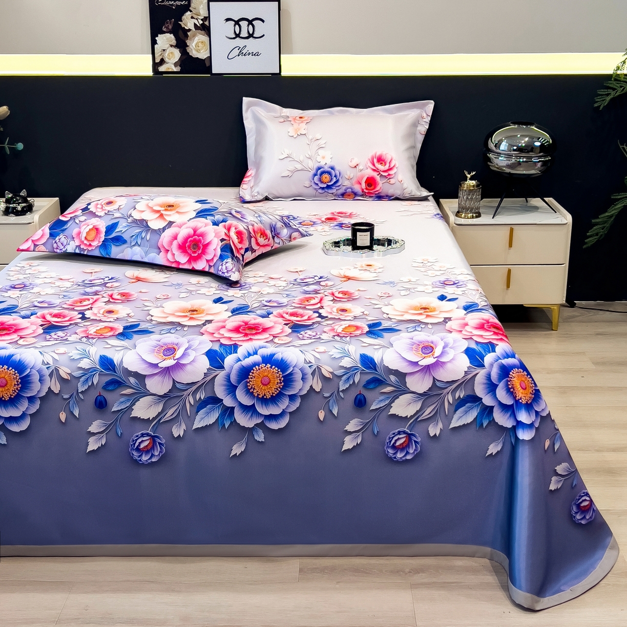 91家纺网 家纺一手货源 找家纺 梵克保罗 2026春夏新款凉感冰丝凉席床单款凉席三件套 清风