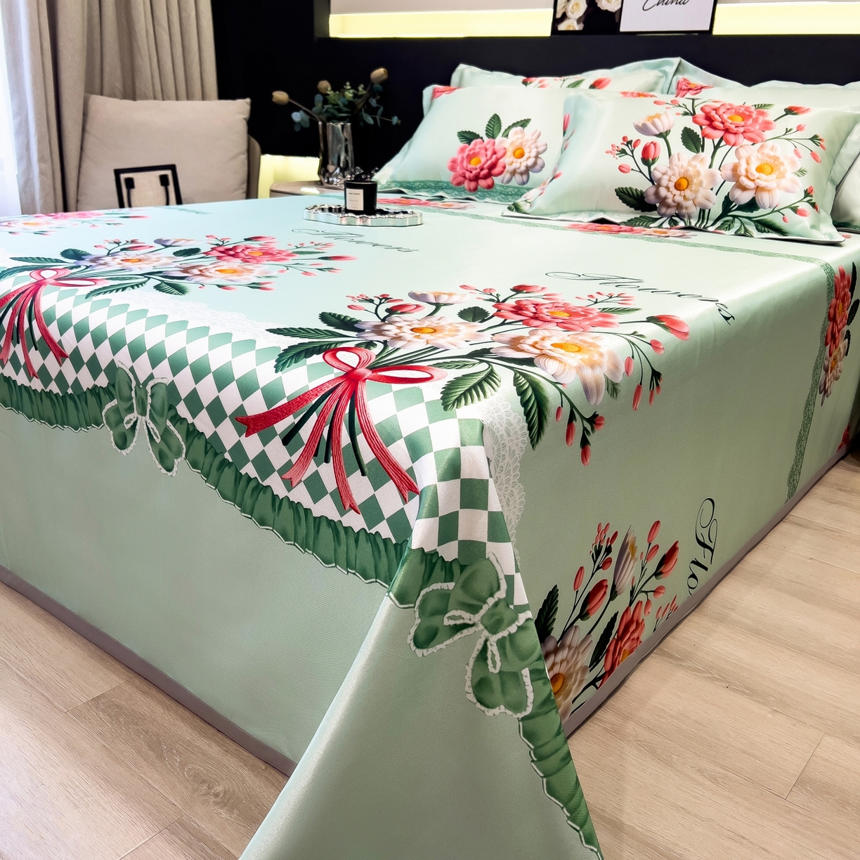 91家纺网 家纺一手货源 找家纺 梵克保罗 2026春夏新款凉感冰丝凉席床单款凉席三件套 晴溪