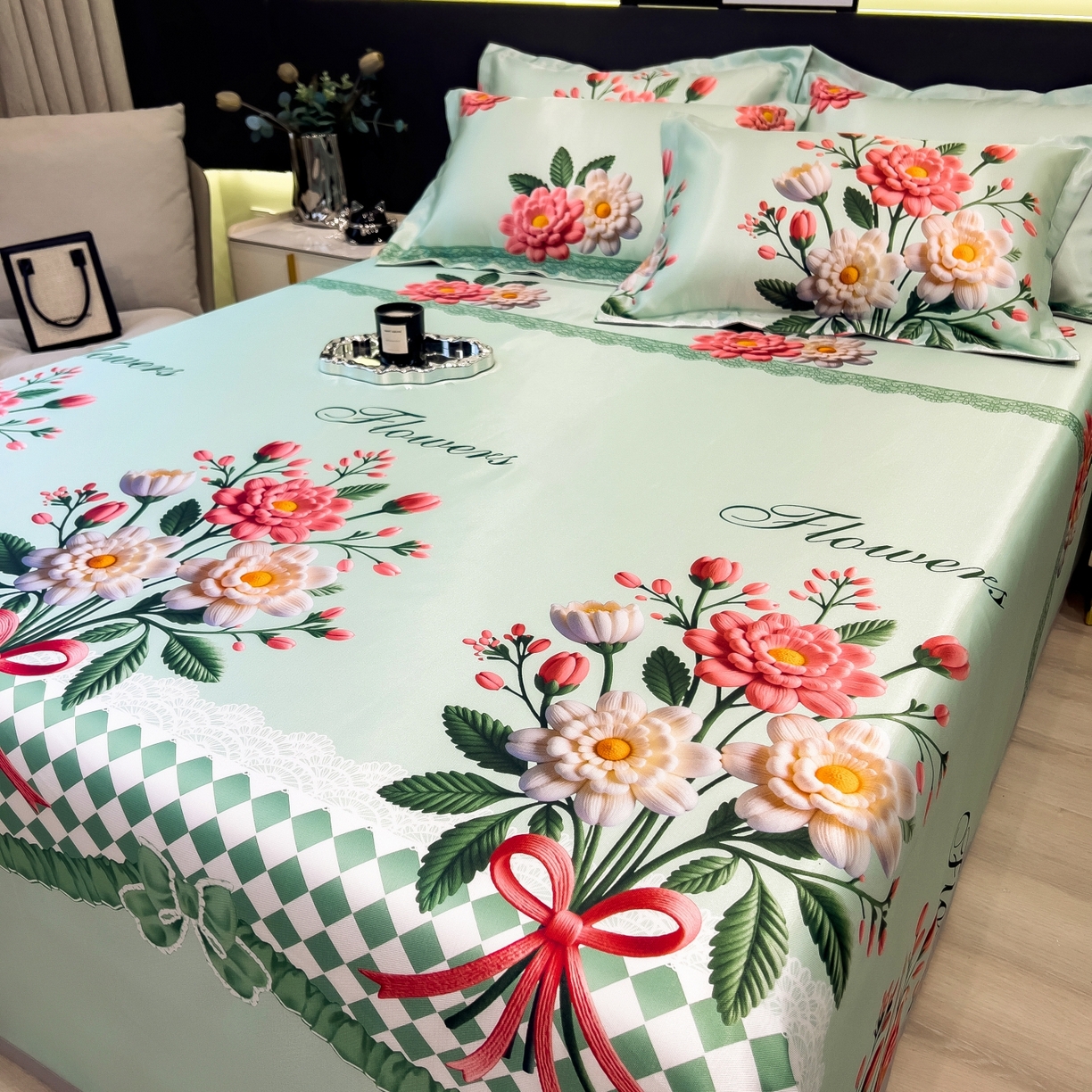 91家纺网 家纺一手货源 找家纺 梵克保罗 2026春夏新款凉感冰丝凉席床单款凉席三件套 晴溪