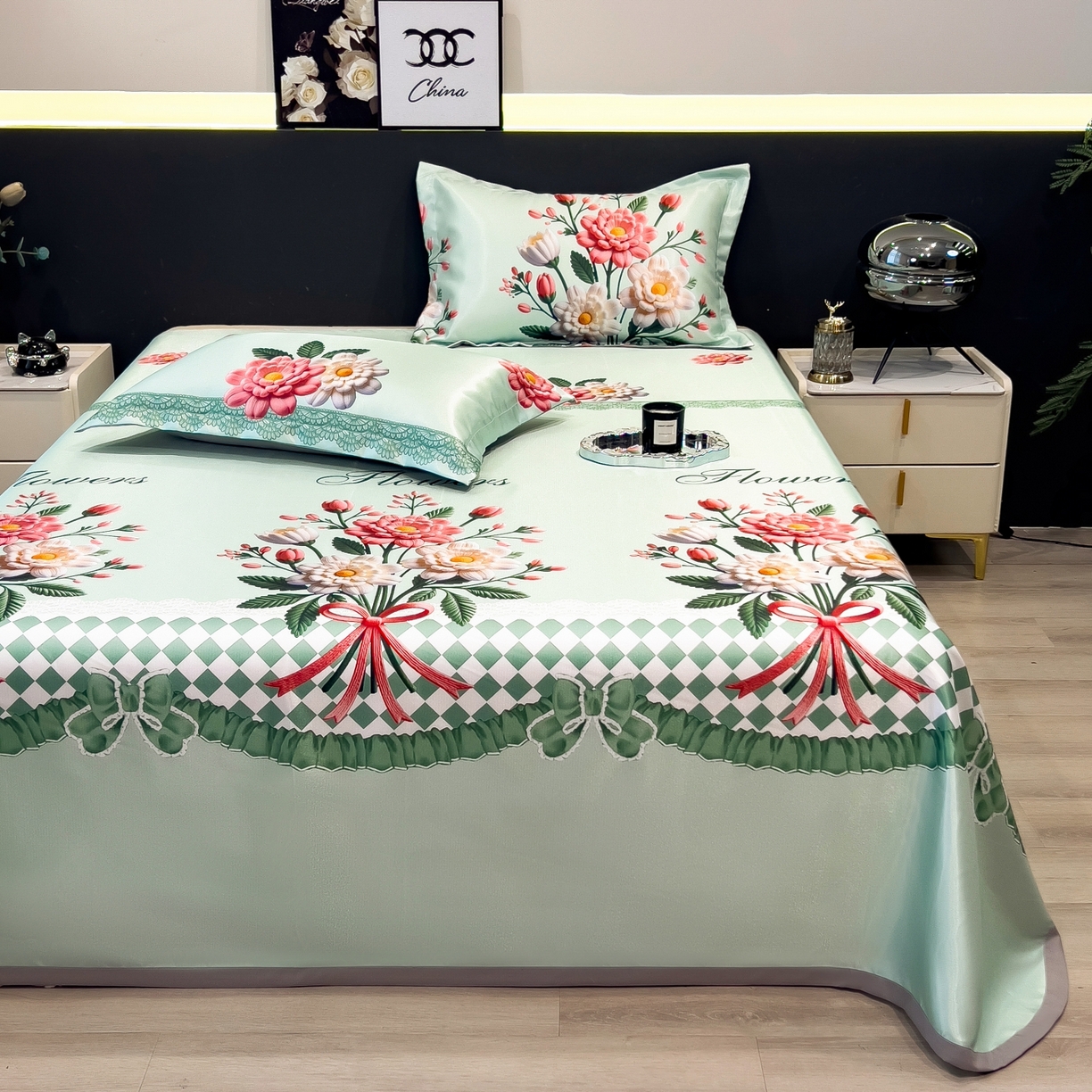 91家纺网 家纺一手货源 找家纺 梵克保罗 2026春夏新款凉感冰丝凉席床单款凉席三件套 晴溪