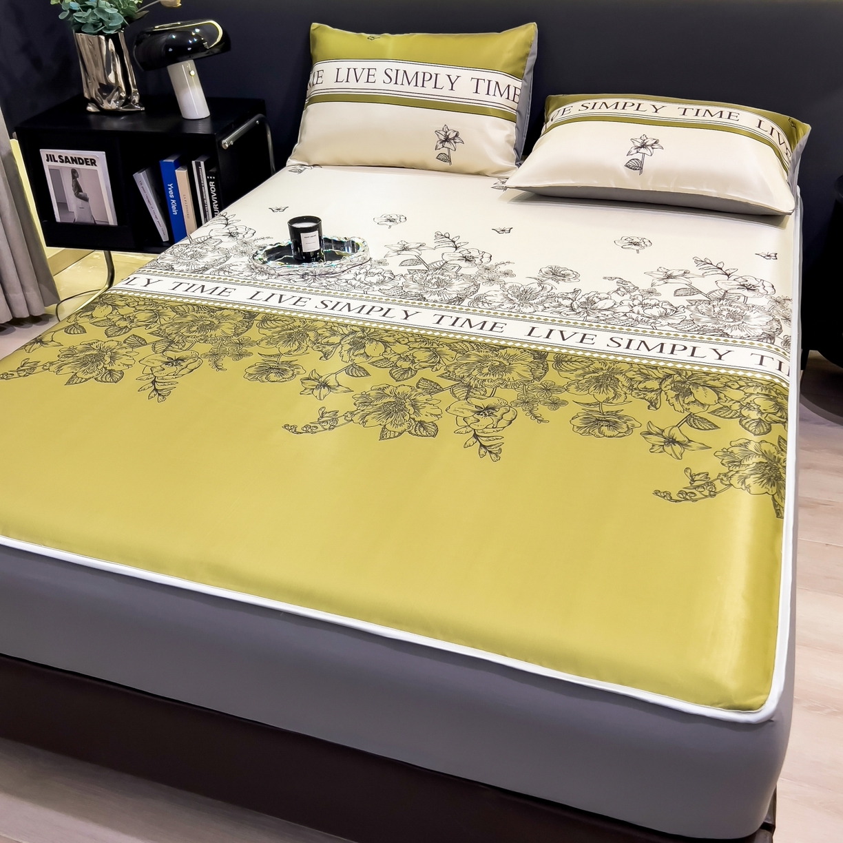 91家纺网 家纺一手货源 找家纺 梵克保罗 2026春夏新款数码印花大版高克重冰丝凉席床笠款三件套 绿玉薄荷