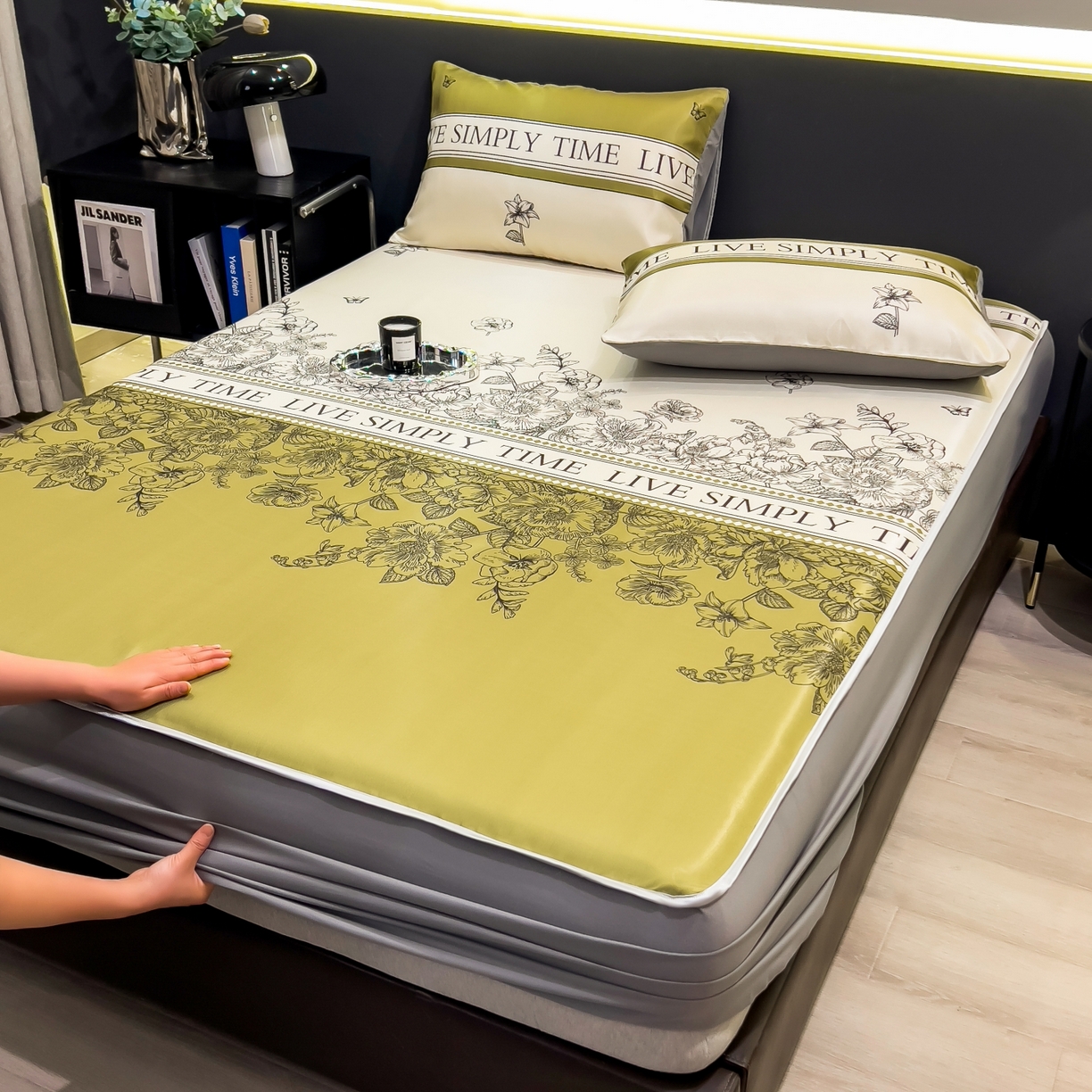 91家纺网 家纺一手货源 找家纺 梵克保罗 2026春夏新款数码印花大版高克重冰丝凉席床笠款三件套 绿玉薄荷