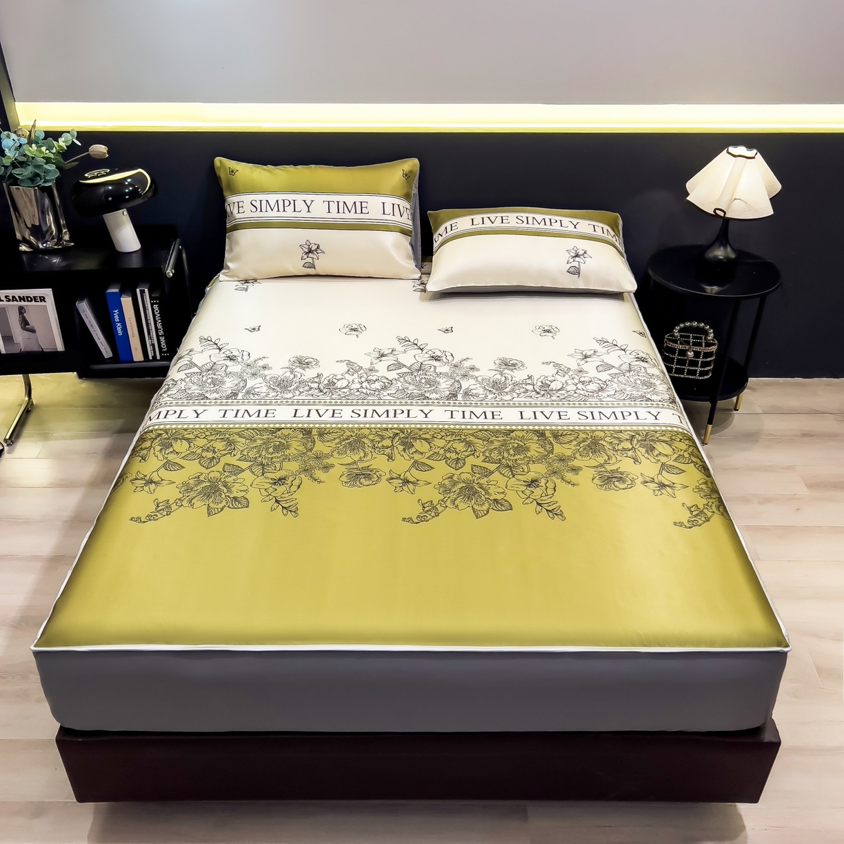 91家纺网 家纺一手货源 找家纺 梵克保罗 2026春夏新款数码印花大版高克重冰丝凉席床笠款三件套 绿玉薄荷