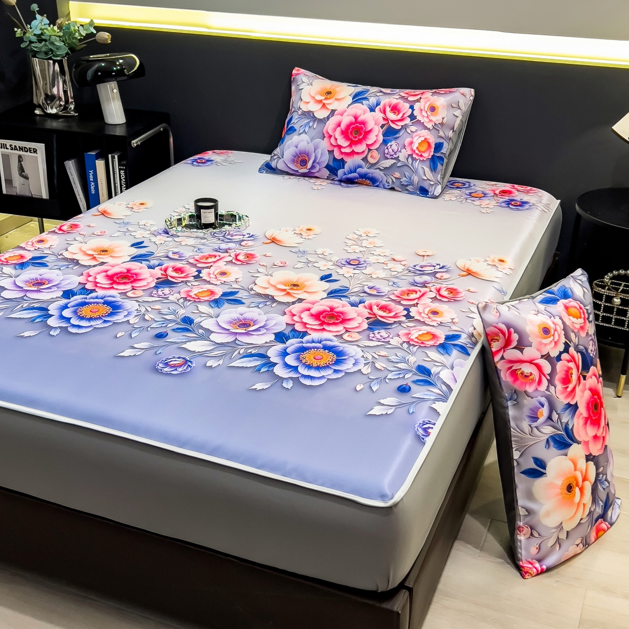 91家纺网 家纺一手货源 找家纺 梵克保罗 2026春夏新款数码印花大版高克重冰丝凉席床笠款三件套 清风