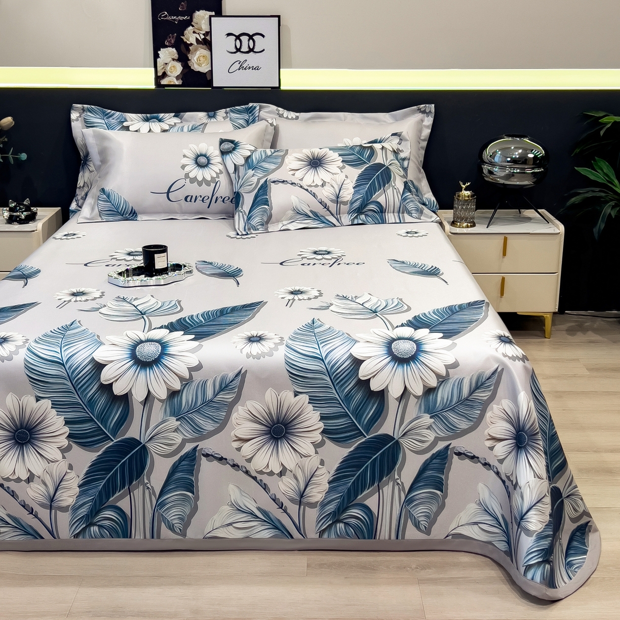 91家纺网 家纺一手货源 找家纺 梵克保罗 2026春夏新款凉感冰丝凉席床单款凉席三件套 森林