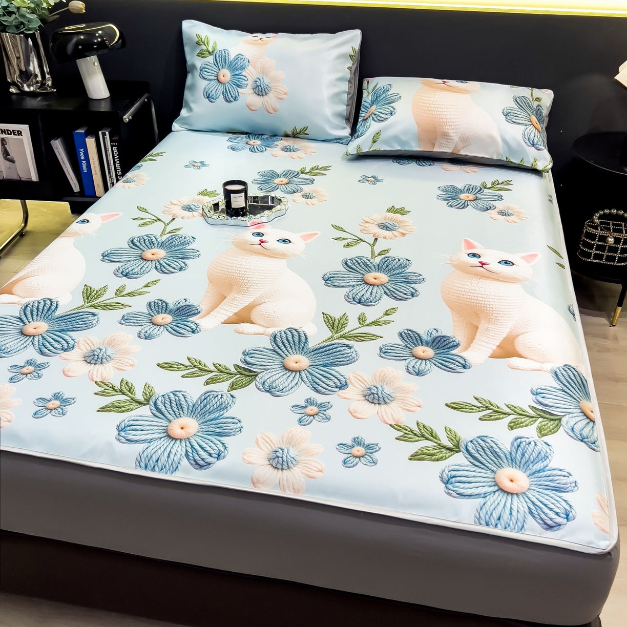 91家纺网 家纺一手货源 找家纺 梵克保罗 2026春夏新款数码印花大版高克重冰丝凉席床笠款三件套 拾光者