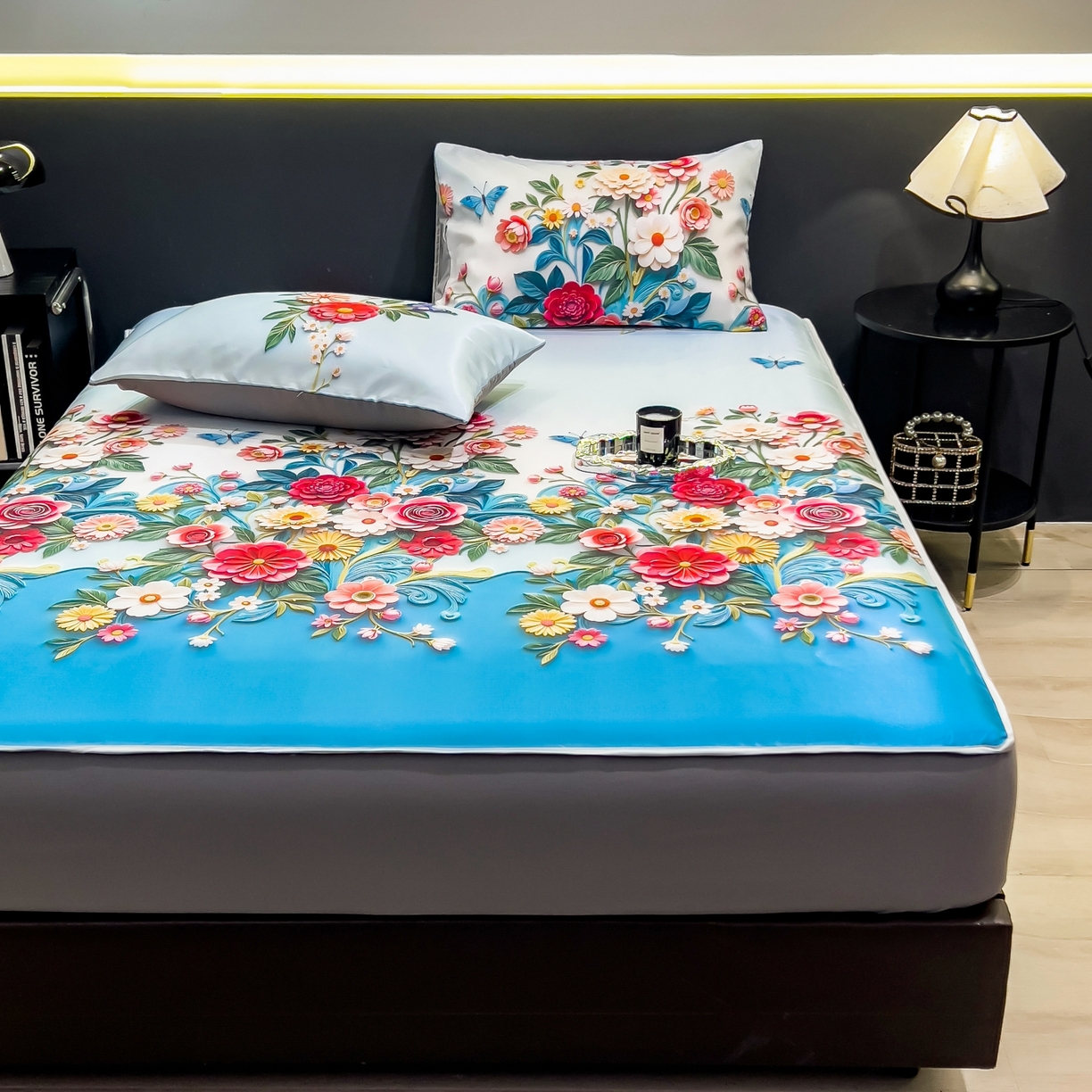 91家纺网 家纺一手货源 找家纺 梵克保罗 2026春夏新款数码印花大版高克重冰丝凉席床笠款三件套 晚棠