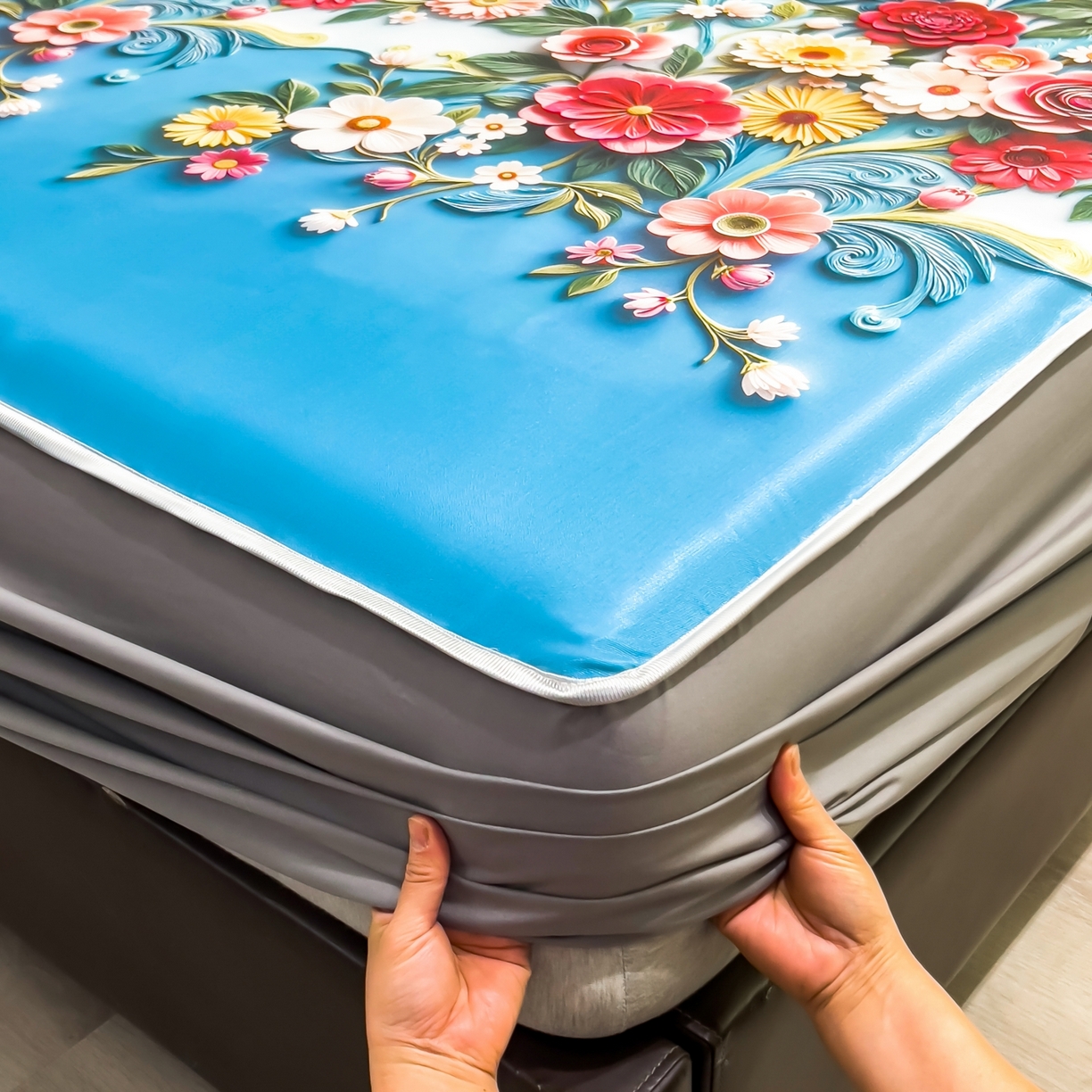 91家纺网 家纺一手货源 找家纺 梵克保罗 2026春夏新款数码印花大版高克重冰丝凉席床笠款三件套 晚棠