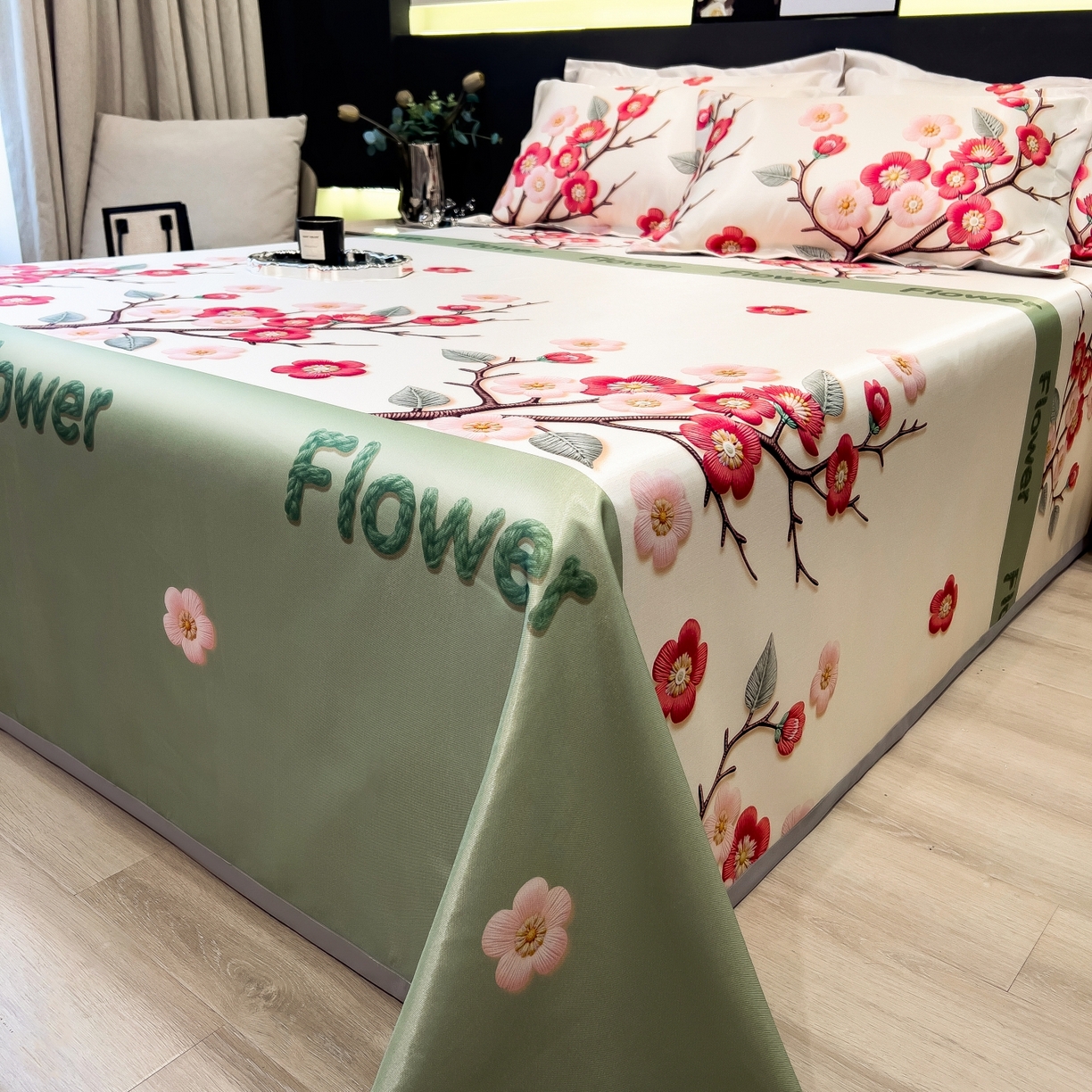 91家纺网 家纺一手货源 找家纺 梵克保罗 2026春夏新款凉感冰丝凉席床单款凉席三件套 桃花姬