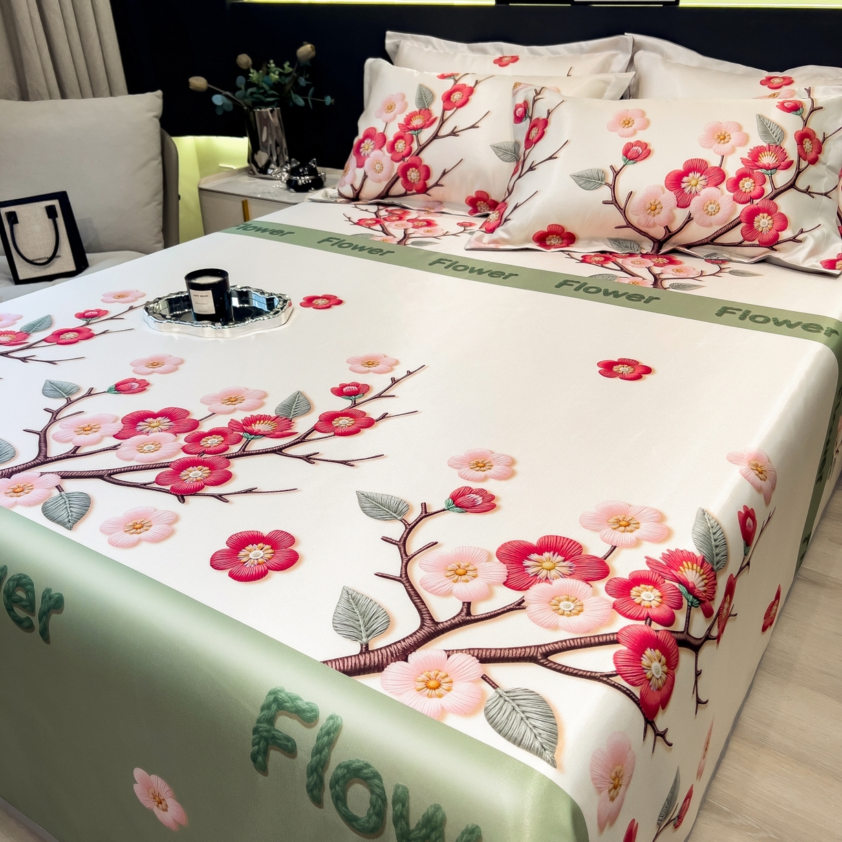 91家纺网 家纺一手货源 找家纺 梵克保罗 2026春夏新款凉感冰丝凉席床单款凉席三件套 桃花姬