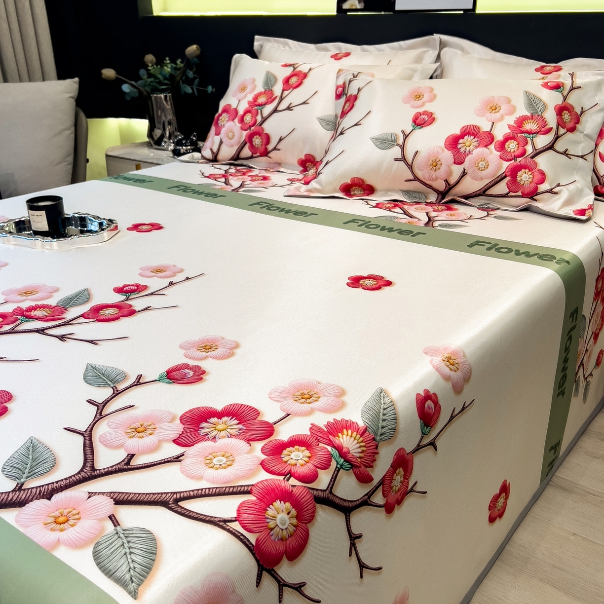 91家纺网 家纺一手货源 找家纺 梵克保罗 2026春夏新款凉感冰丝凉席床单款凉席三件套 桃花姬