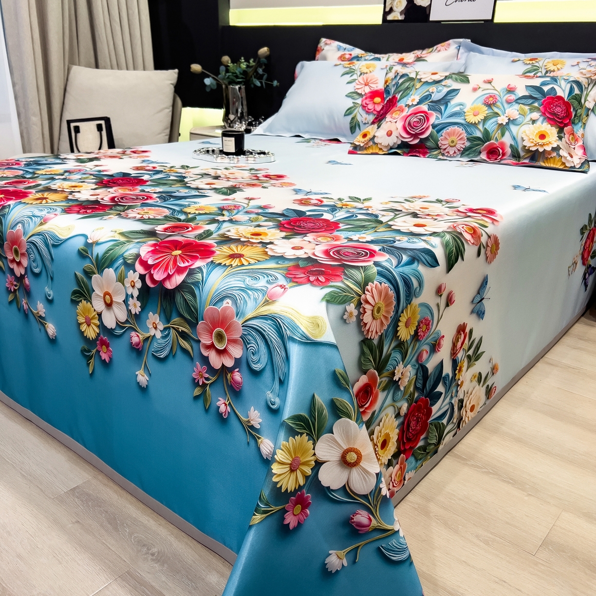 91家纺网 家纺一手货源 找家纺 梵克保罗 2026春夏新款凉感冰丝凉席床单款凉席三件套 晚棠