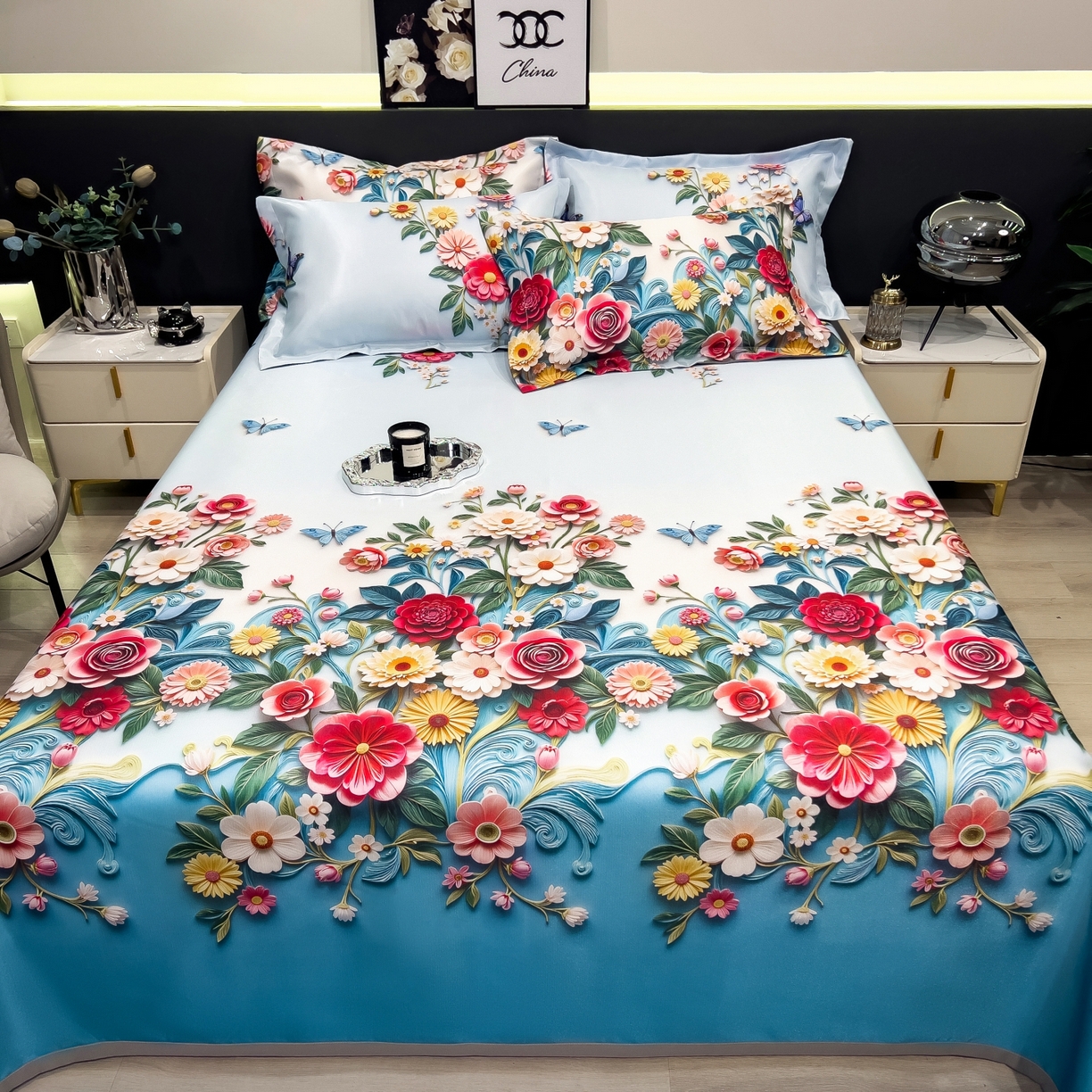 91家纺网 家纺一手货源 找家纺 梵克保罗 2026春夏新款凉感冰丝凉席床单款凉席三件套 晚棠