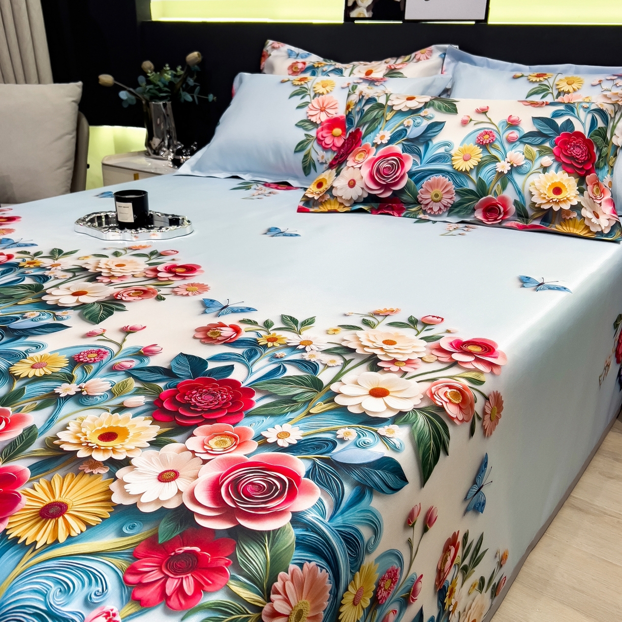 91家纺网 家纺一手货源 找家纺 梵克保罗 2026春夏新款凉感冰丝凉席床单款凉席三件套 晚棠