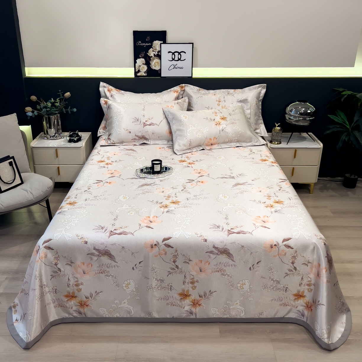 91家纺网 家纺一手货源 找家纺 梵克保罗 2026春夏新款数码印花大版高克重冰丝凉席床笠款三件套 夏简