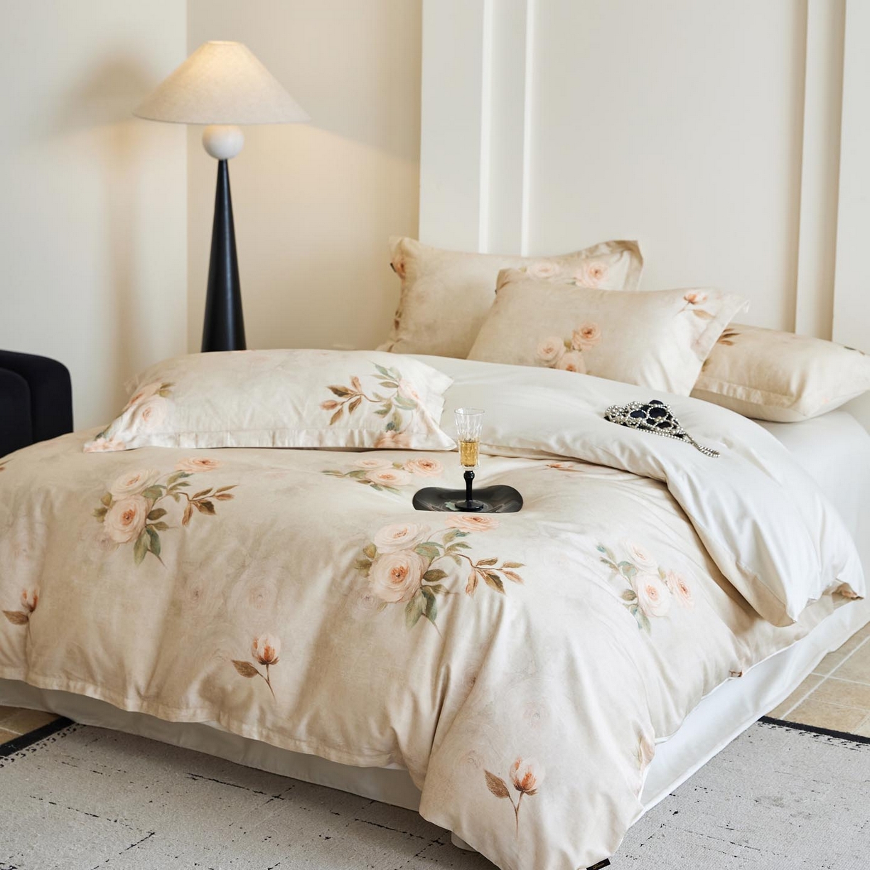 91家纺网 家纺一手货源 找家纺 帅露家纺 2026新款全棉60支长绒棉数码印花四件套 莫奈花园灰