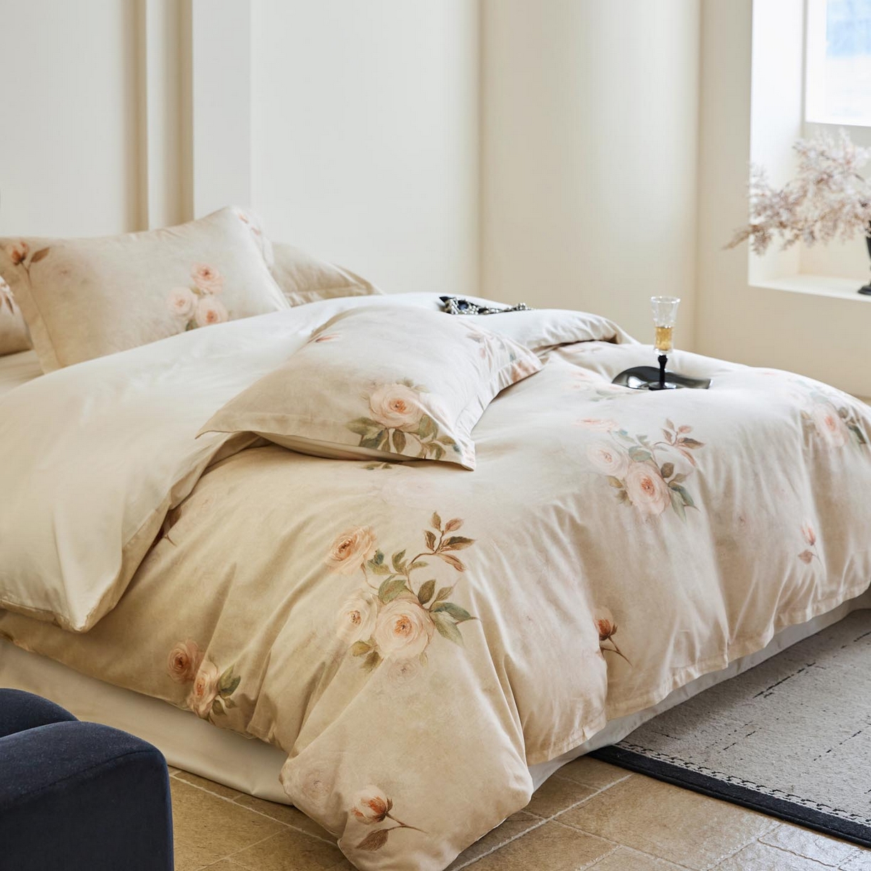 91家纺网 家纺一手货源 找家纺 帅露家纺 2026新款全棉60支长绒棉数码印花四件套 莫奈花园灰