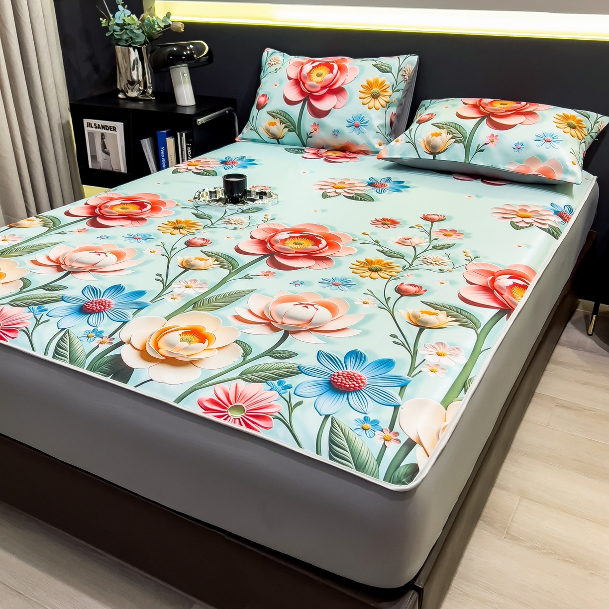 91家纺网 家纺一手货源 找家纺 梵克保罗 2026春夏新款数码印花大版高克重冰丝凉席床笠款三件套 芸白