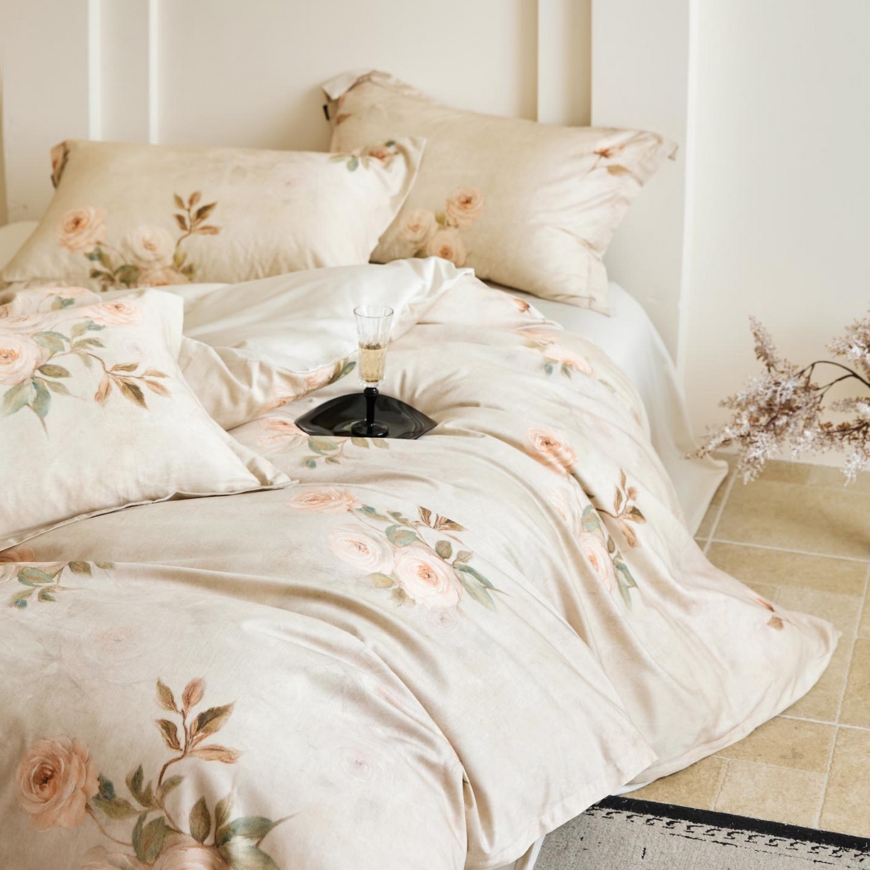 91家纺网 家纺一手货源 找家纺 帅露家纺 2026新款全棉60支长绒棉数码印花四件套 莫奈花园灰