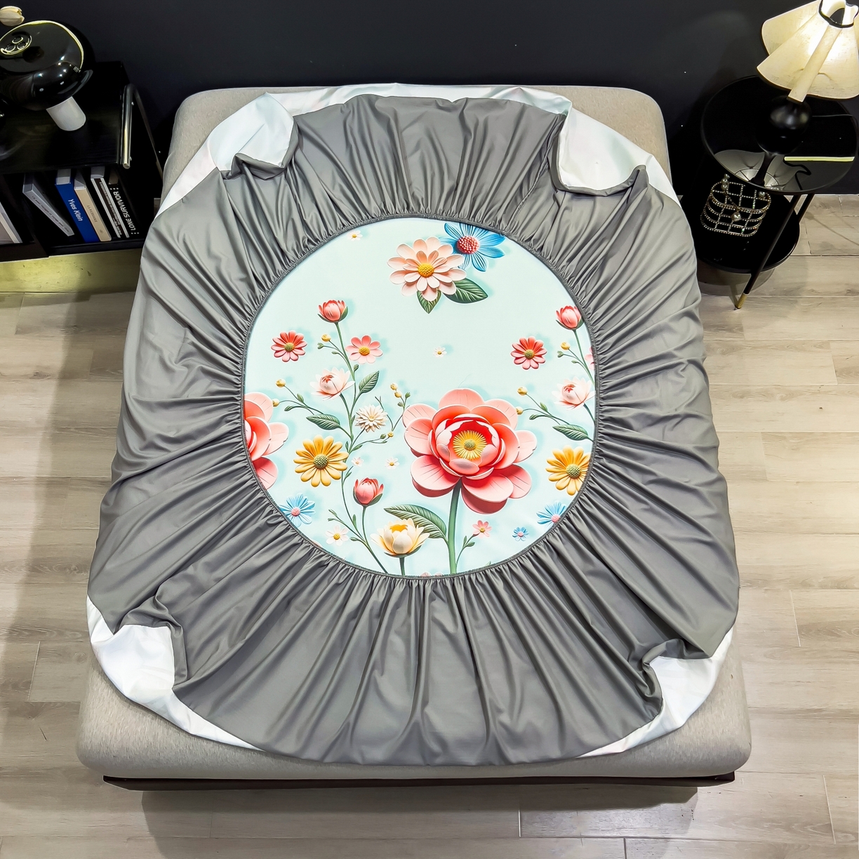 91家纺网 家纺一手货源 找家纺 梵克保罗 2026春夏新款数码印花大版高克重冰丝凉席床笠款三件套 芸白