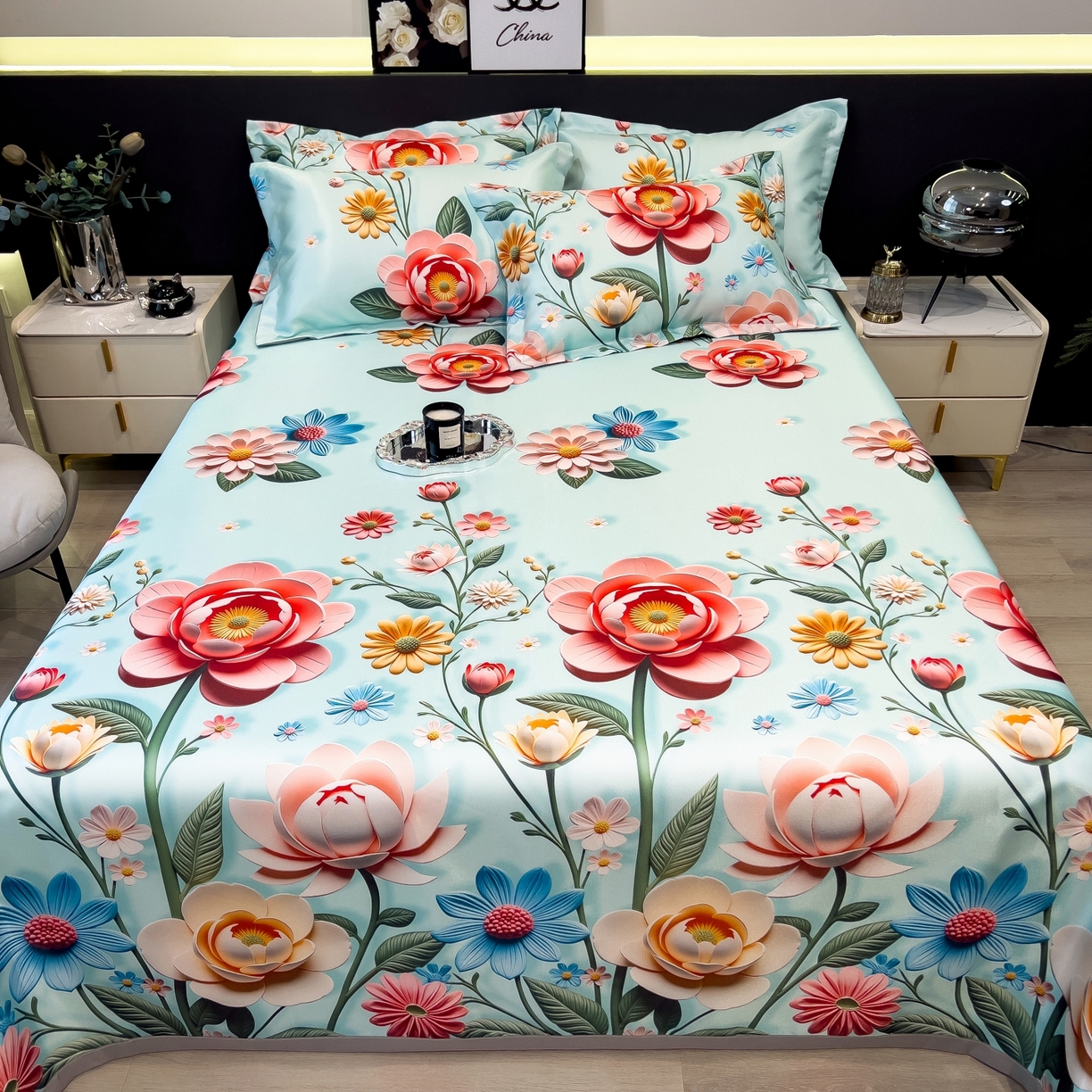 91家纺网 家纺一手货源 找家纺 梵克保罗 2026春夏新款凉感冰丝凉席床单款凉席三件套 芸白