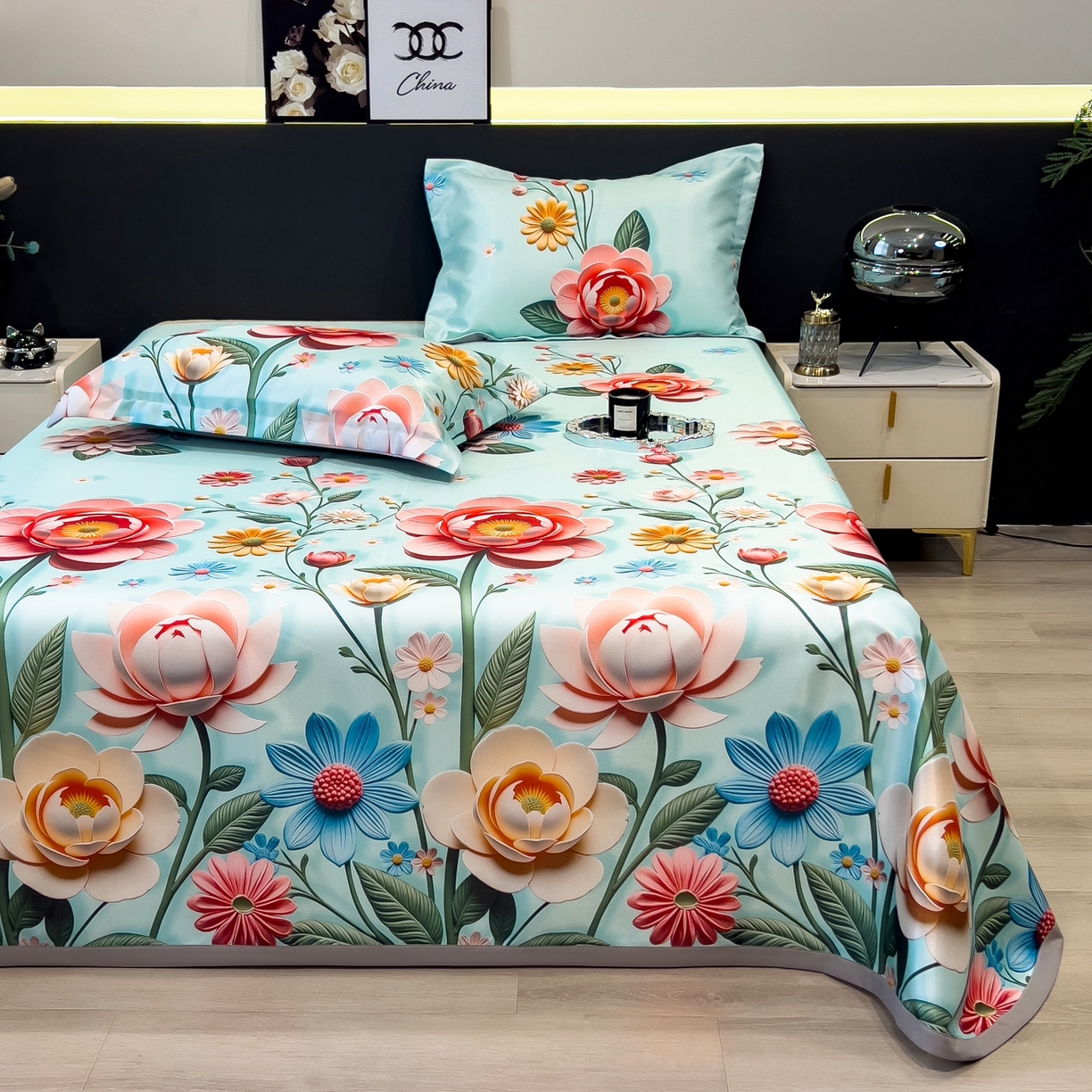 91家纺网 家纺一手货源 找家纺 梵克保罗 2026春夏新款凉感冰丝凉席床单款凉席三件套 芸白