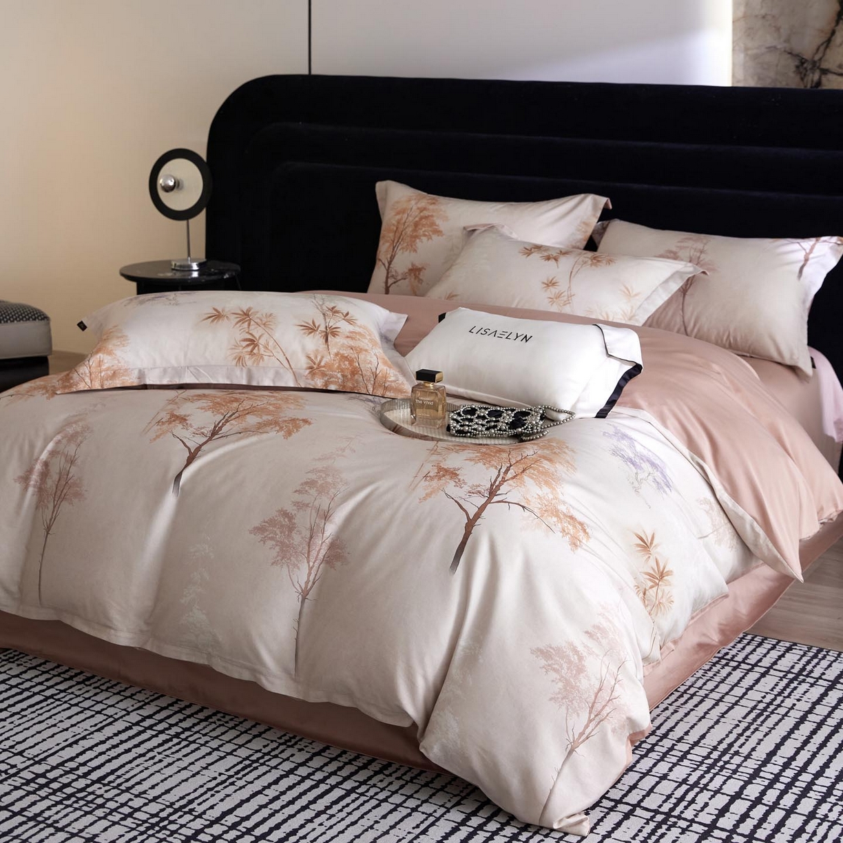 91家纺网 家纺一手货源 找家纺 帅露家纺 2026新款全棉60支长绒棉数码印花四件套 森屿咖