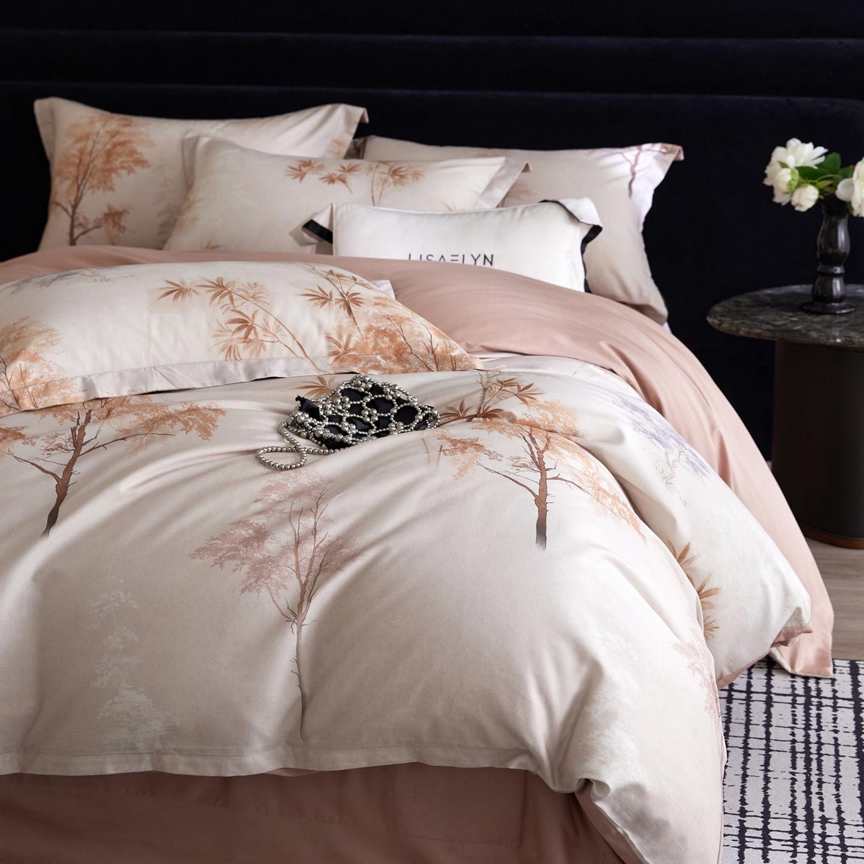 91家纺网 家纺一手货源 找家纺 帅露家纺 2026新款全棉60支长绒棉数码印花四件套 森屿咖