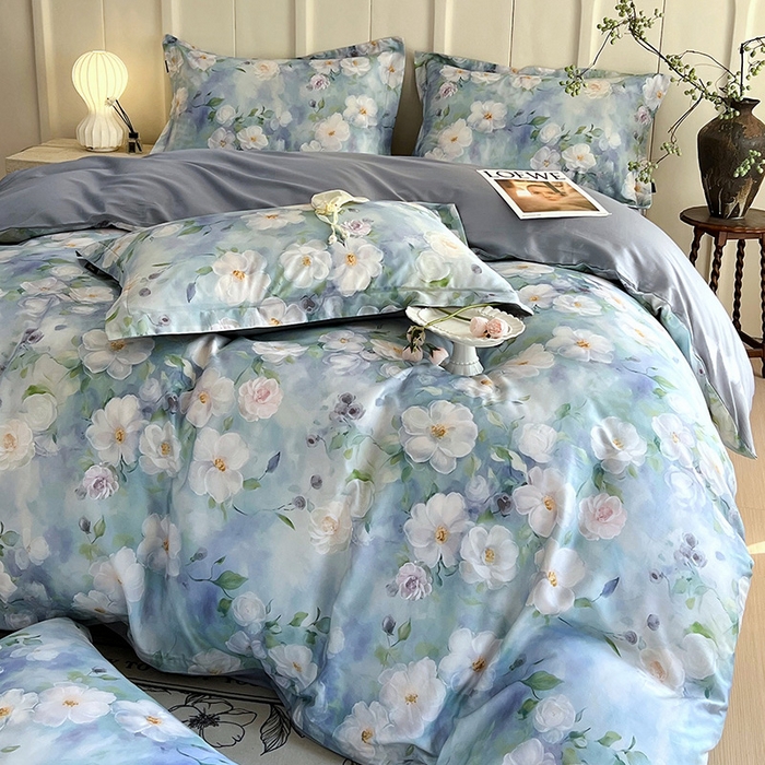 91家纺网 家纺一手货源 找家纺 帅露家纺 2026新款全棉60支长绒棉数码印花四件套 烟雨蒙蒙-绿