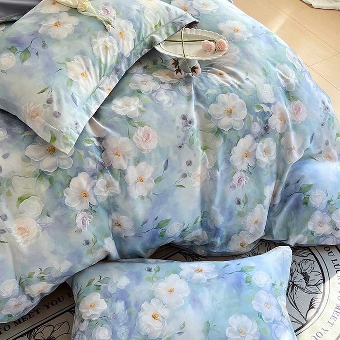 91家纺网 家纺一手货源 找家纺 帅露家纺 2026新款全棉60支长绒棉数码印花四件套 烟雨蒙蒙-绿