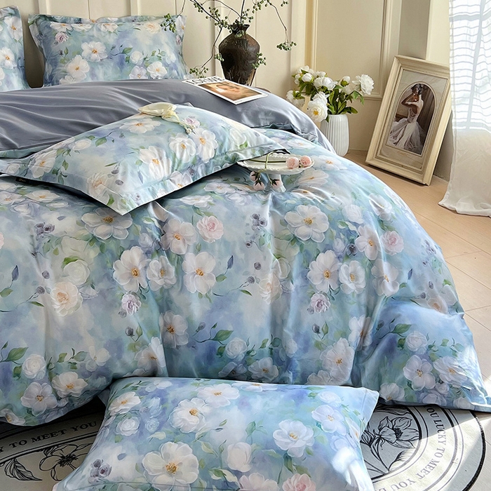 91家纺网 家纺一手货源 找家纺 帅露家纺 2026新款全棉60支长绒棉数码印花四件套 烟雨蒙蒙-绿