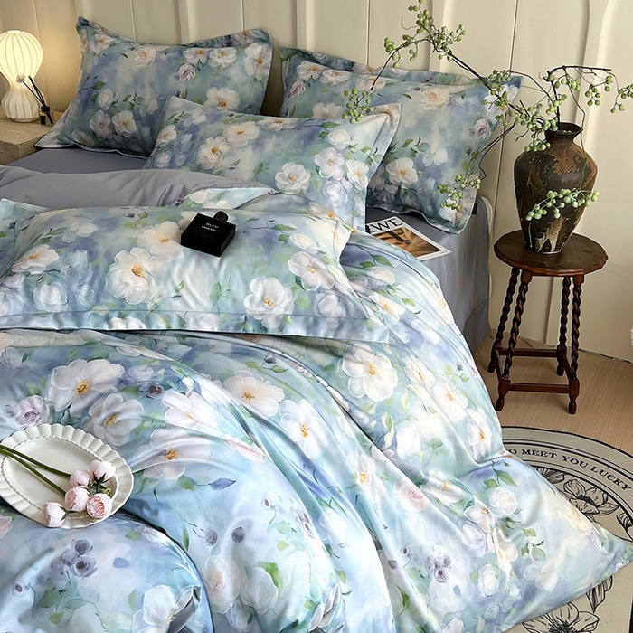 91家纺网 家纺一手货源 找家纺 帅露家纺 2026新款全棉60支长绒棉数码印花四件套 烟雨蒙蒙-绿