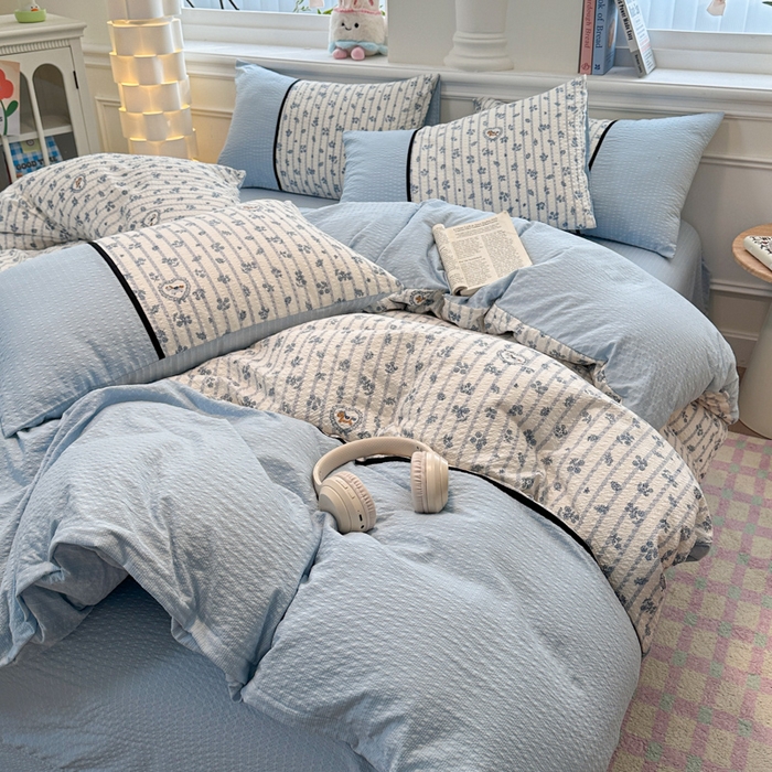 91家纺网 家纺一手货源 找家纺 （总 ）诺梵家纺 2026春夏新品高克重拼接泡芙纱泡泡皱皱纱四件套