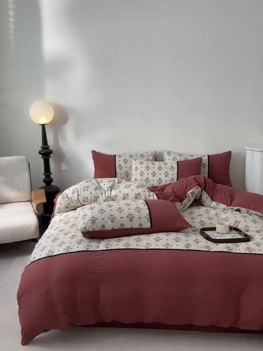 91家纺网 家纺一手货源 找家纺 （总 ）诺梵家纺 2026春夏新品高克重拼接泡芙纱泡泡皱皱纱四件套