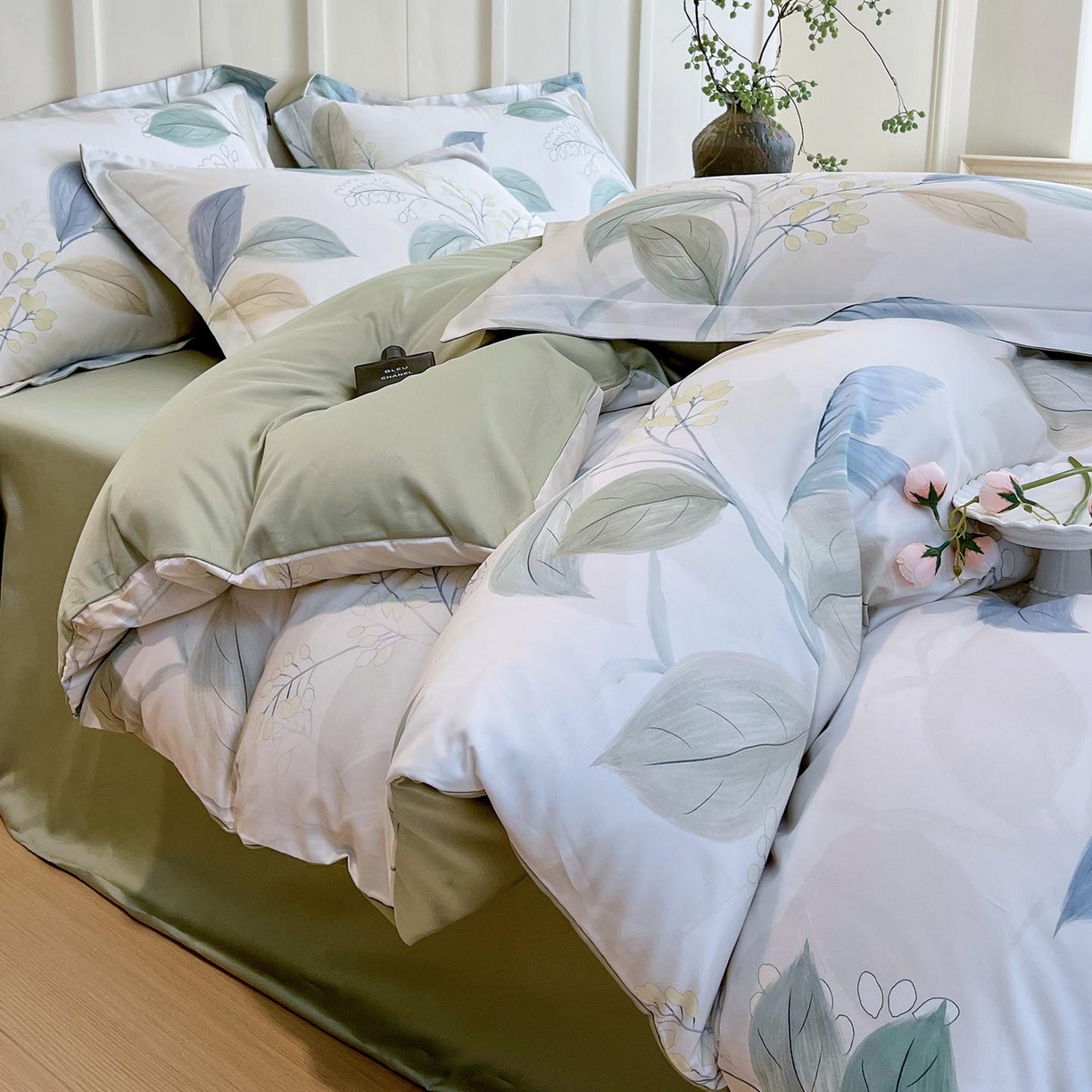 91家纺网 家纺一手货源 找家纺 帅露家纺 2026新款全棉60支长绒棉数码印花四件套 悦妍绿