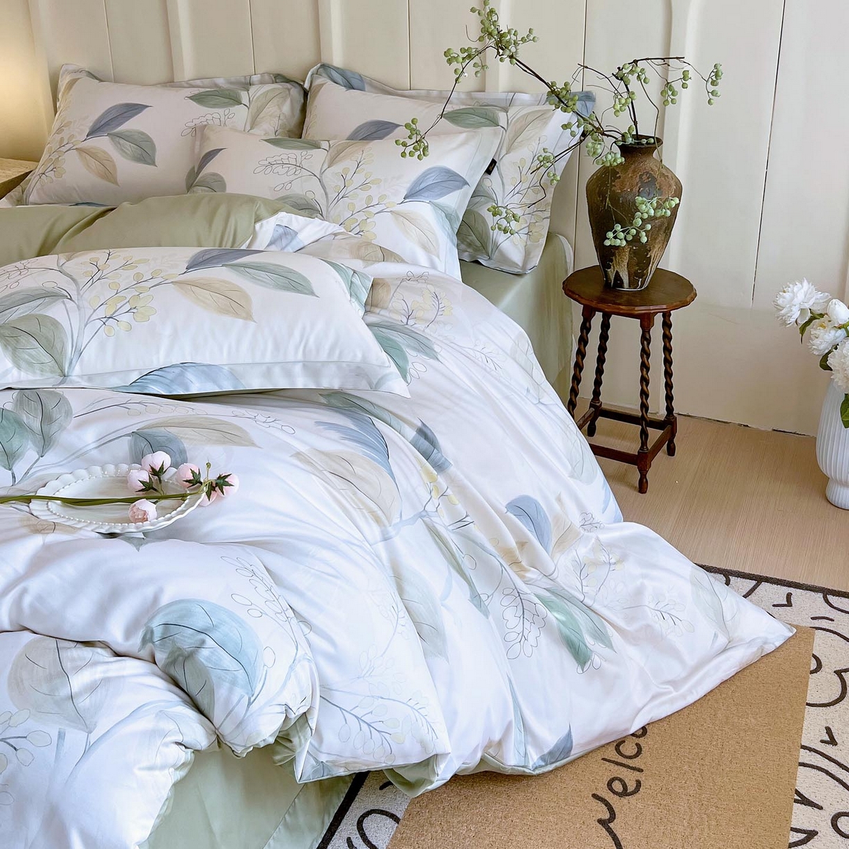 91家纺网 家纺一手货源 找家纺 帅露家纺 2026新款全棉60支长绒棉数码印花四件套 悦妍绿