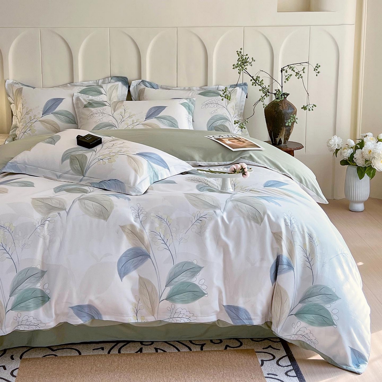 91家纺网 家纺一手货源 找家纺 帅露家纺 2026新款全棉60支长绒棉数码印花四件套 悦妍绿