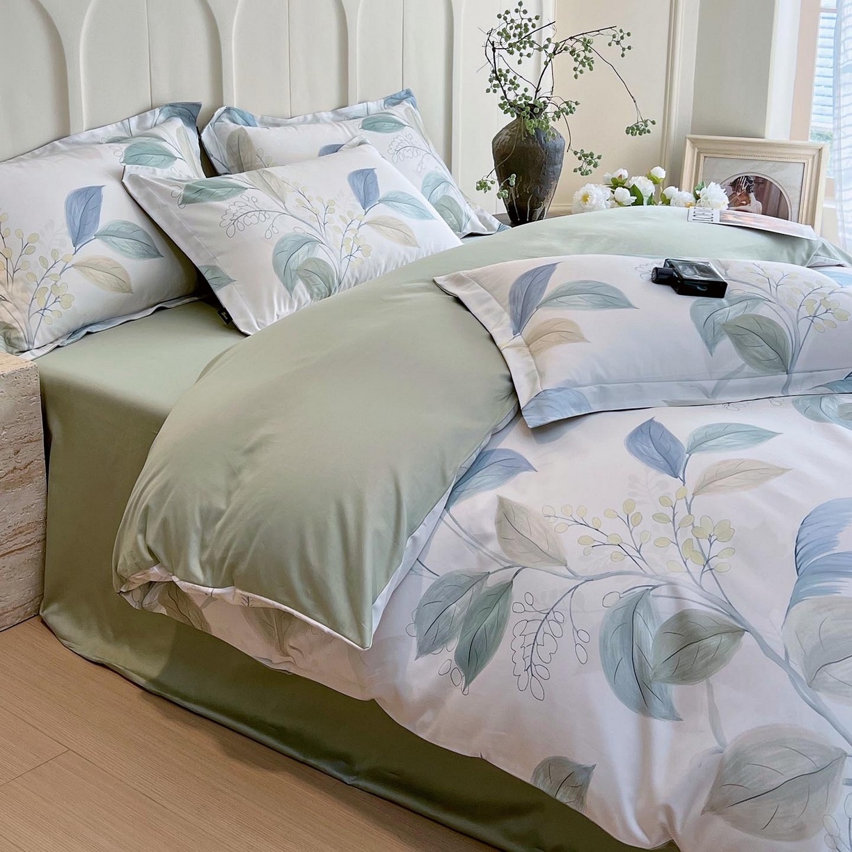 91家纺网 家纺一手货源 找家纺 帅露家纺 2026新款全棉60支长绒棉数码印花四件套 悦妍绿