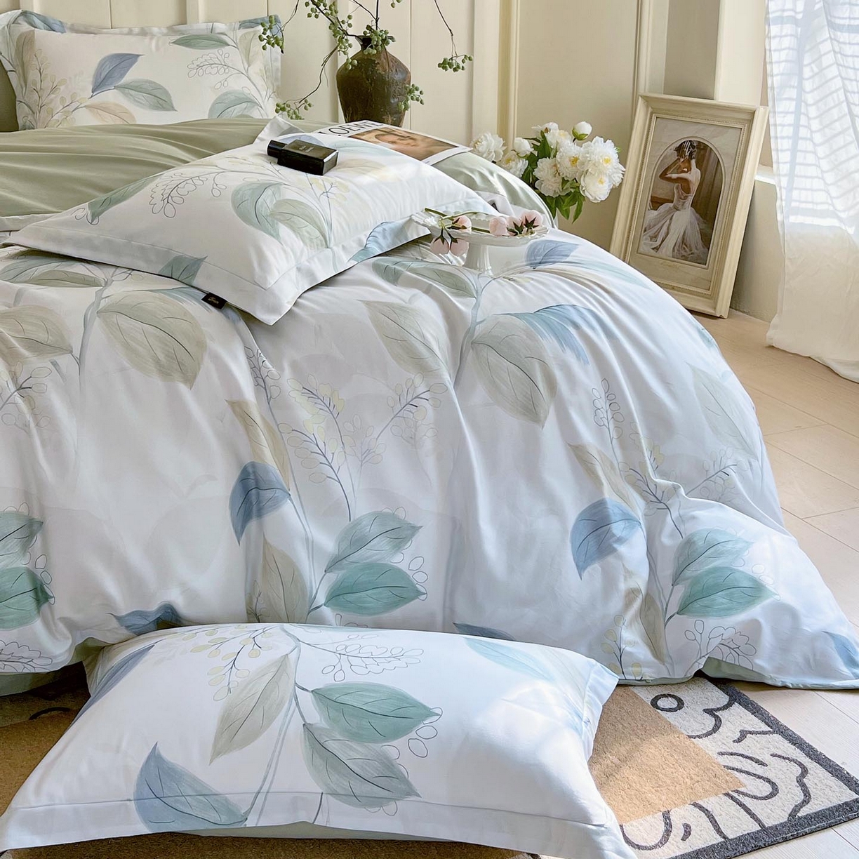 91家纺网 家纺一手货源 找家纺 帅露家纺 2026新款全棉60支长绒棉数码印花四件套 悦妍绿