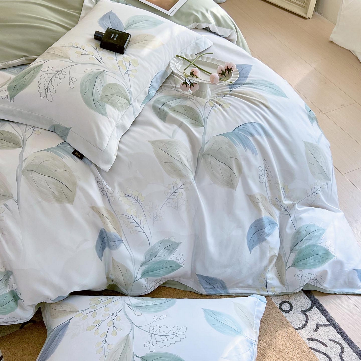 91家纺网 家纺一手货源 找家纺 帅露家纺 2026新款全棉60支长绒棉数码印花四件套 悦妍绿