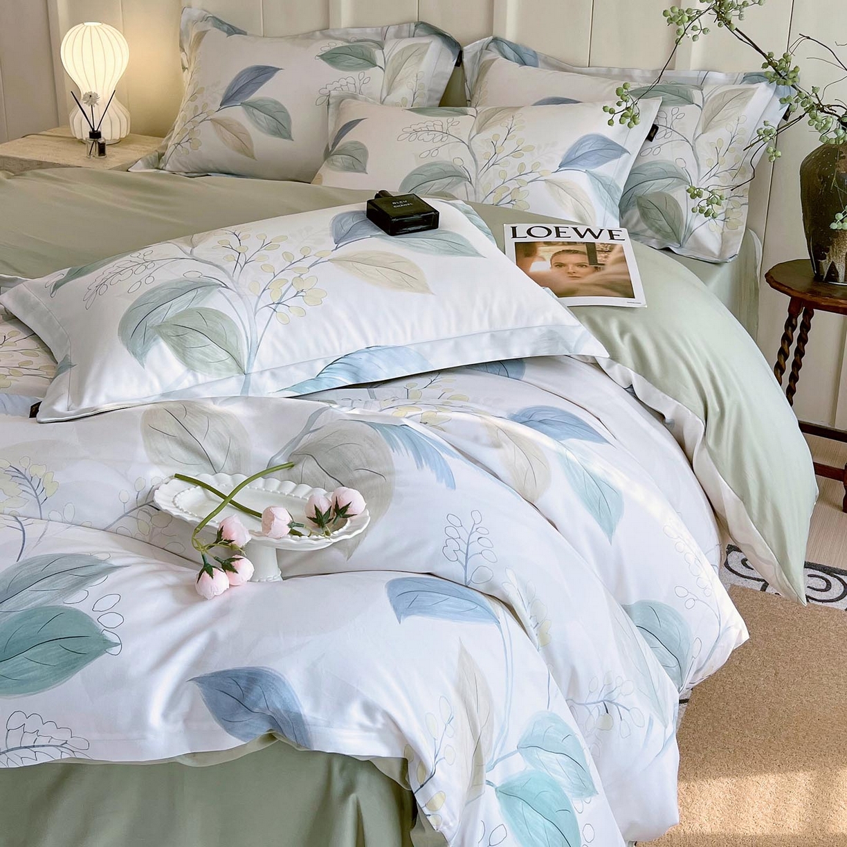 91家纺网 家纺一手货源 找家纺 帅露家纺 2026新款全棉60支长绒棉数码印花四件套 悦妍绿